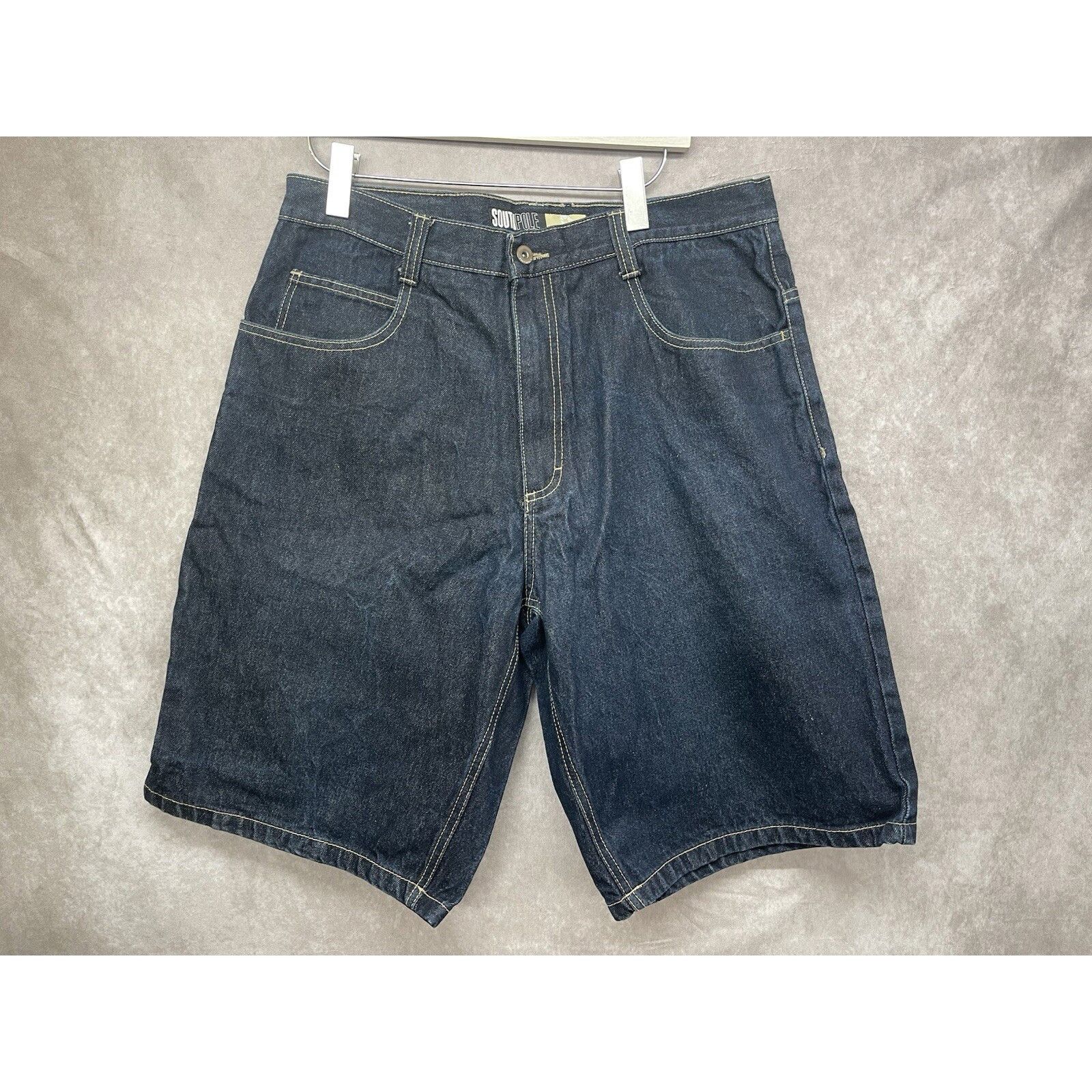 Southpole Southpole Mens Baggy Denim Jean Shorts Jorts Dark Blue Y2K S Size US 36 / EU 52 - 2 Thumbnail