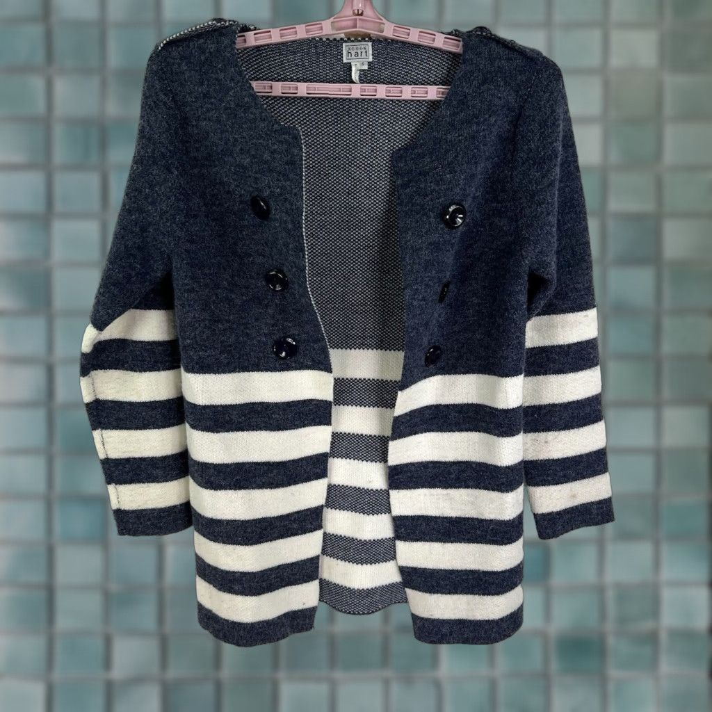 Vintage HART Karen Stripe Cardigan Sweater Womens S Blue Open Knit Raglan Long Sleeve Relaxed Fit Size S / US 4 / IT 40 - 1 Thumbnail