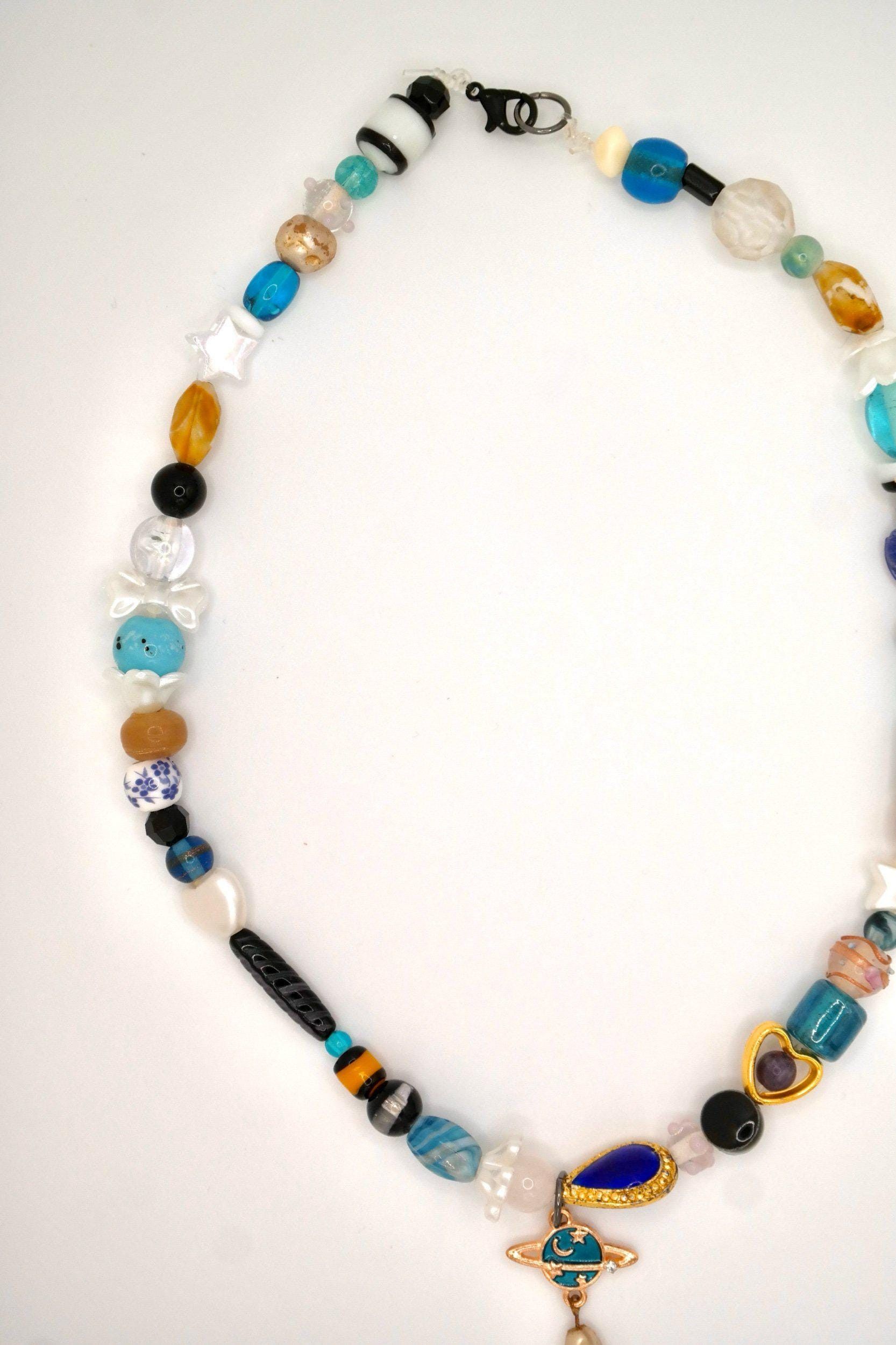 Handmade Blue & Gold Saturn Beaded Necklace Size ONE SIZE - 5 Thumbnail