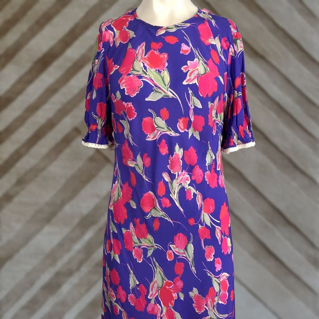 RIXO Rixo Floral Maxi Dress Purple Pink Short Sleeve Lace Trim Size L Dress Length Long Womens Size 36" / US 14 / IT 50 - 1 Thumbnail