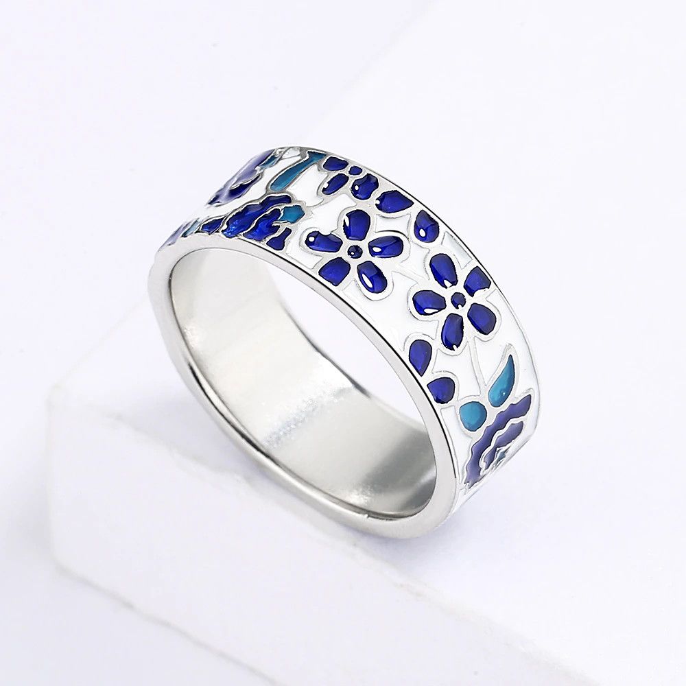 Jewelry Blue Enamel Flower Ring Size ONE SIZE - 5 Thumbnail