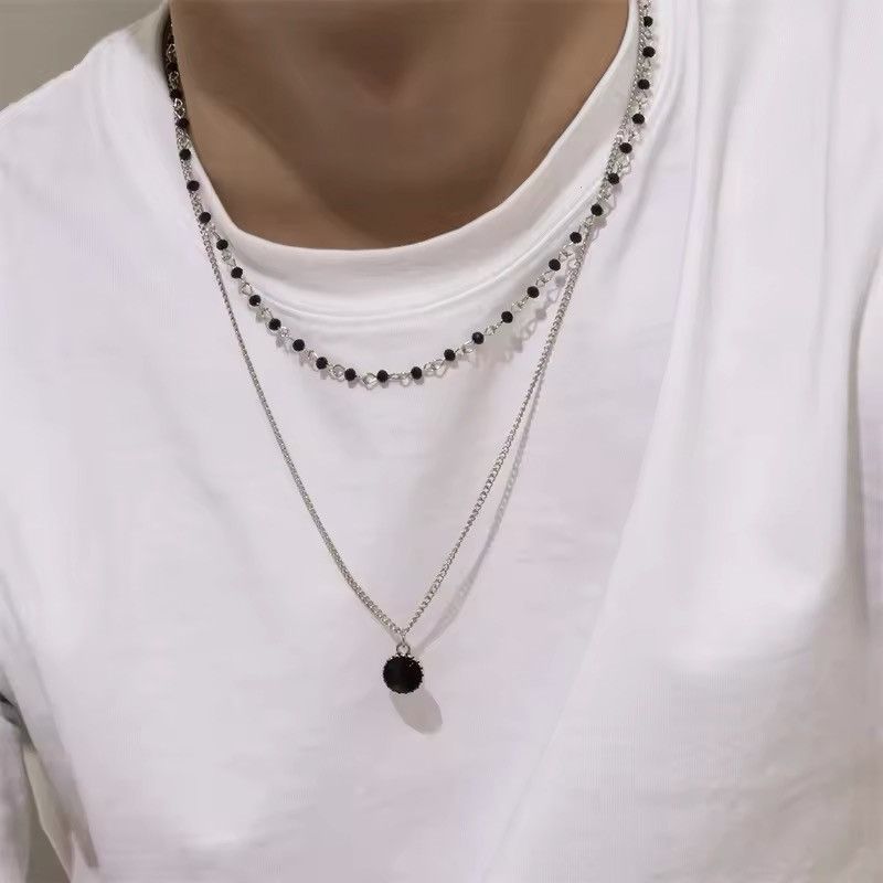Jewelry Double Layer Black Rhinestone Pendant Silver Necklace Size ONE SIZE - 1 Thumbnail