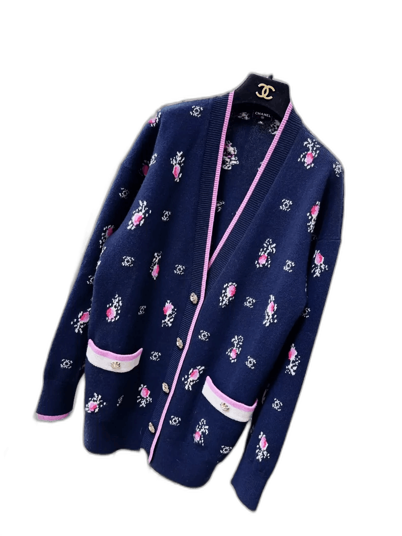 Chanel Chanel Navy Blue Knitted Cardigan with Pink Details Size S / US 4 / IT 40 - 1 Thumbnail