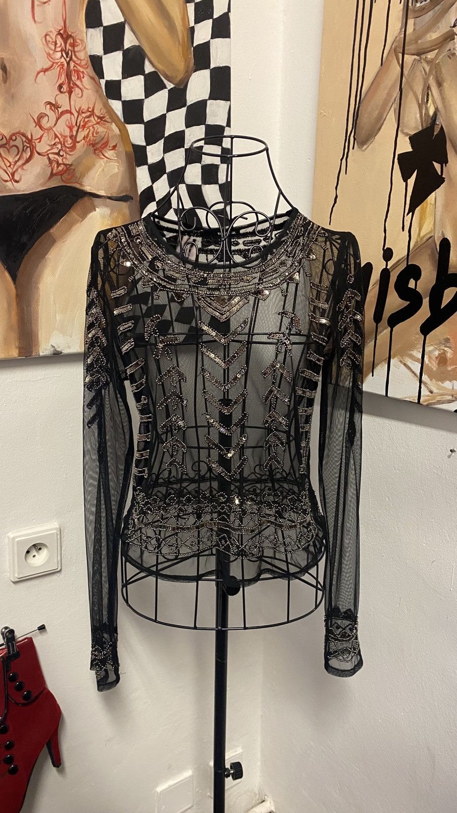 Vintage Black transparent long-sleeved top with beautiful patterns Size L / US 10 / IT 46 - 3 Thumbnail