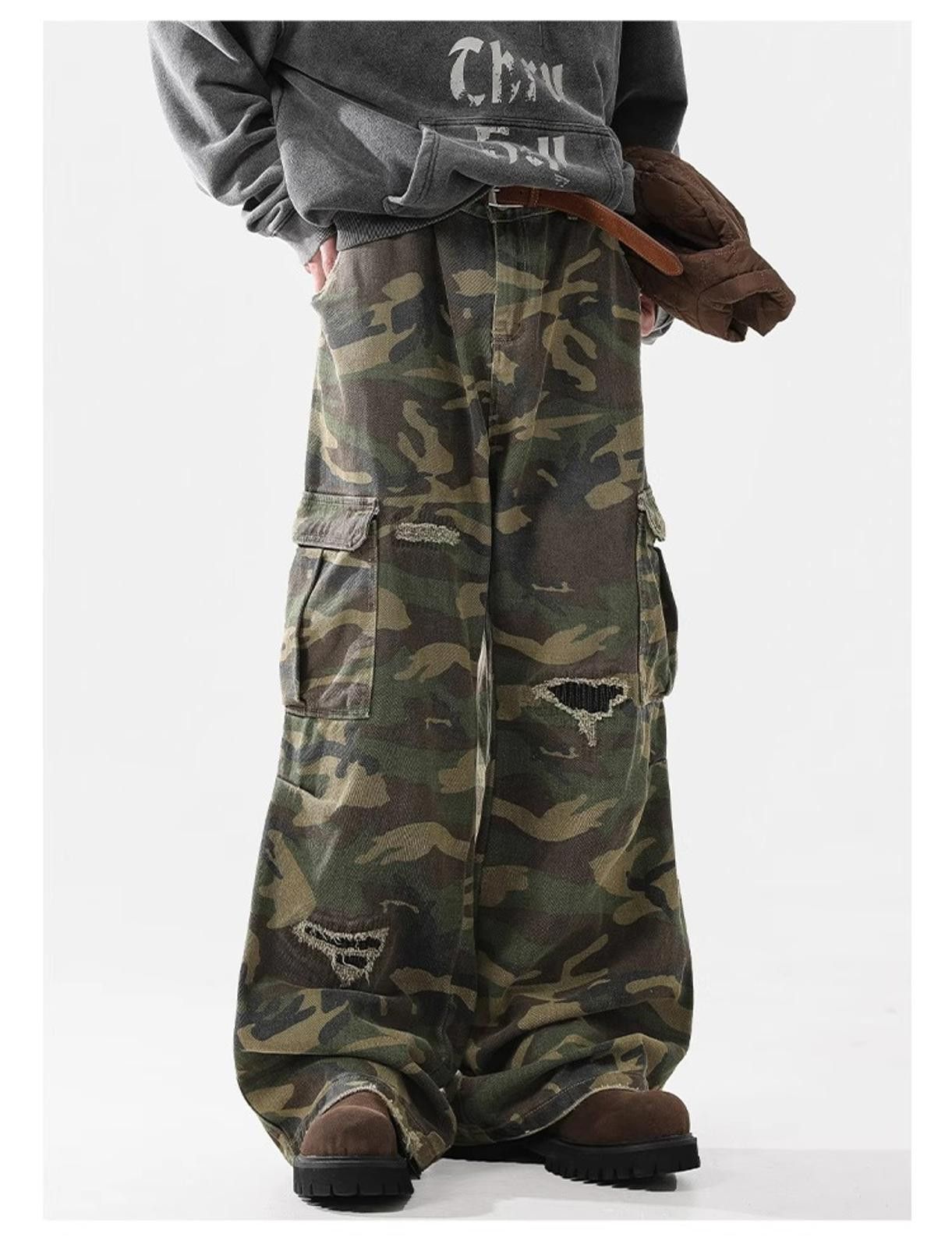 Distressed Multi Pocket Camo Wide Leg Cargo Pants