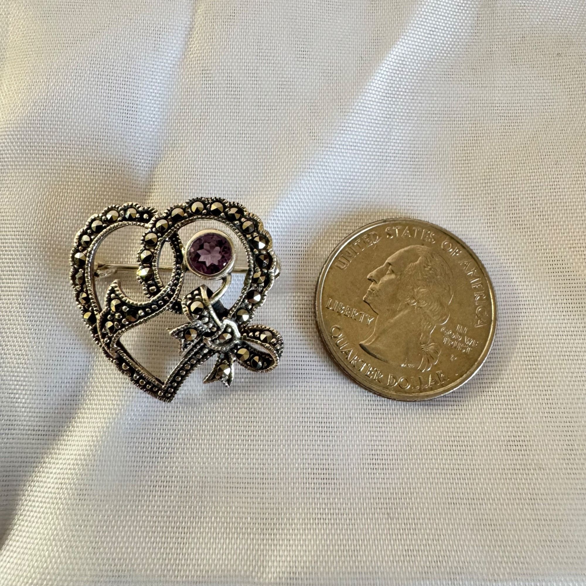 Vintage VTG Sterling Silver 925 Amethyst & Marcasite Scroll Heart Br Size ONE SIZE - 7 Thumbnail