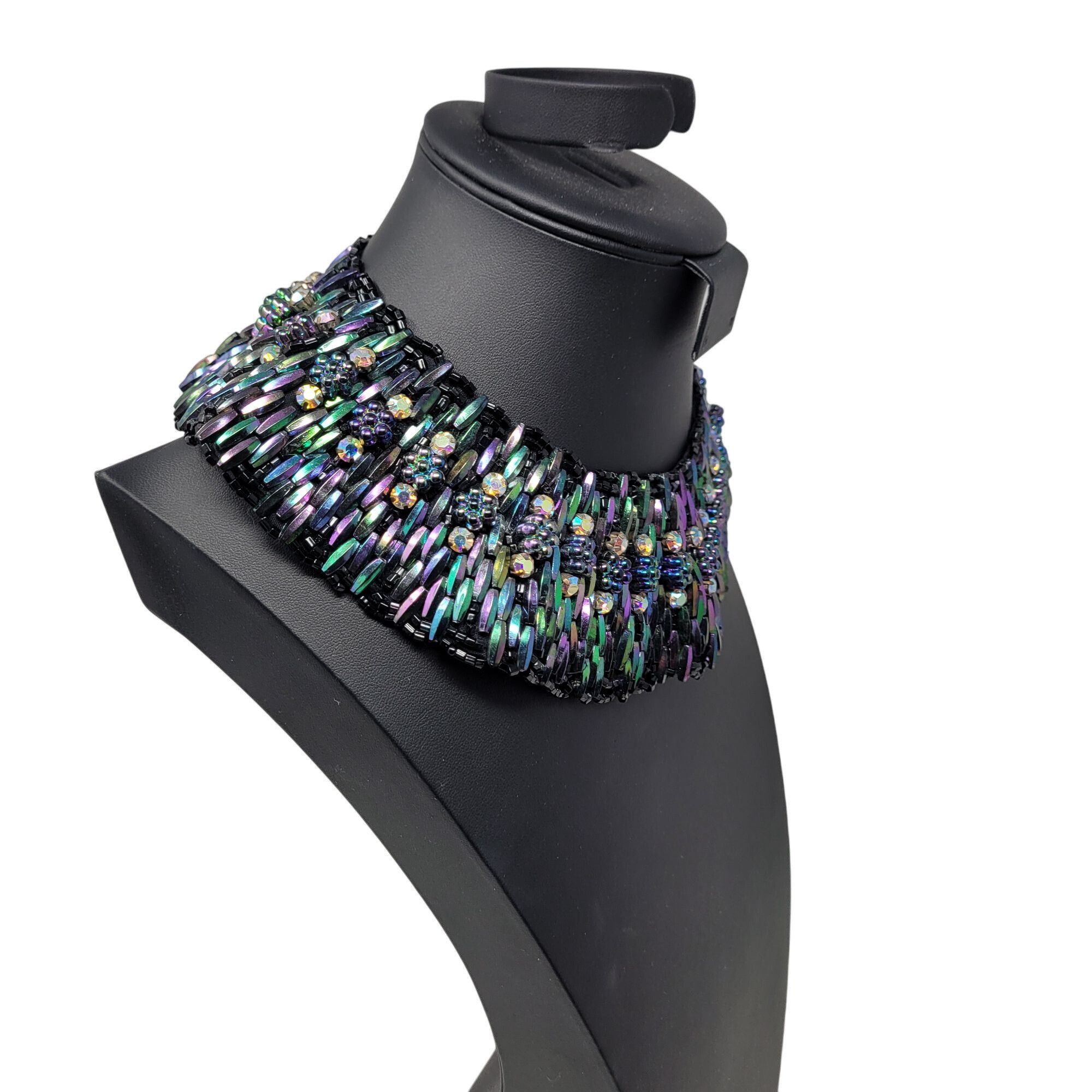 Handmade Vintage Handcrafted AB Oil Slick Beaded Statement Bib Collar Size ONE SIZE - 10 Thumbnail