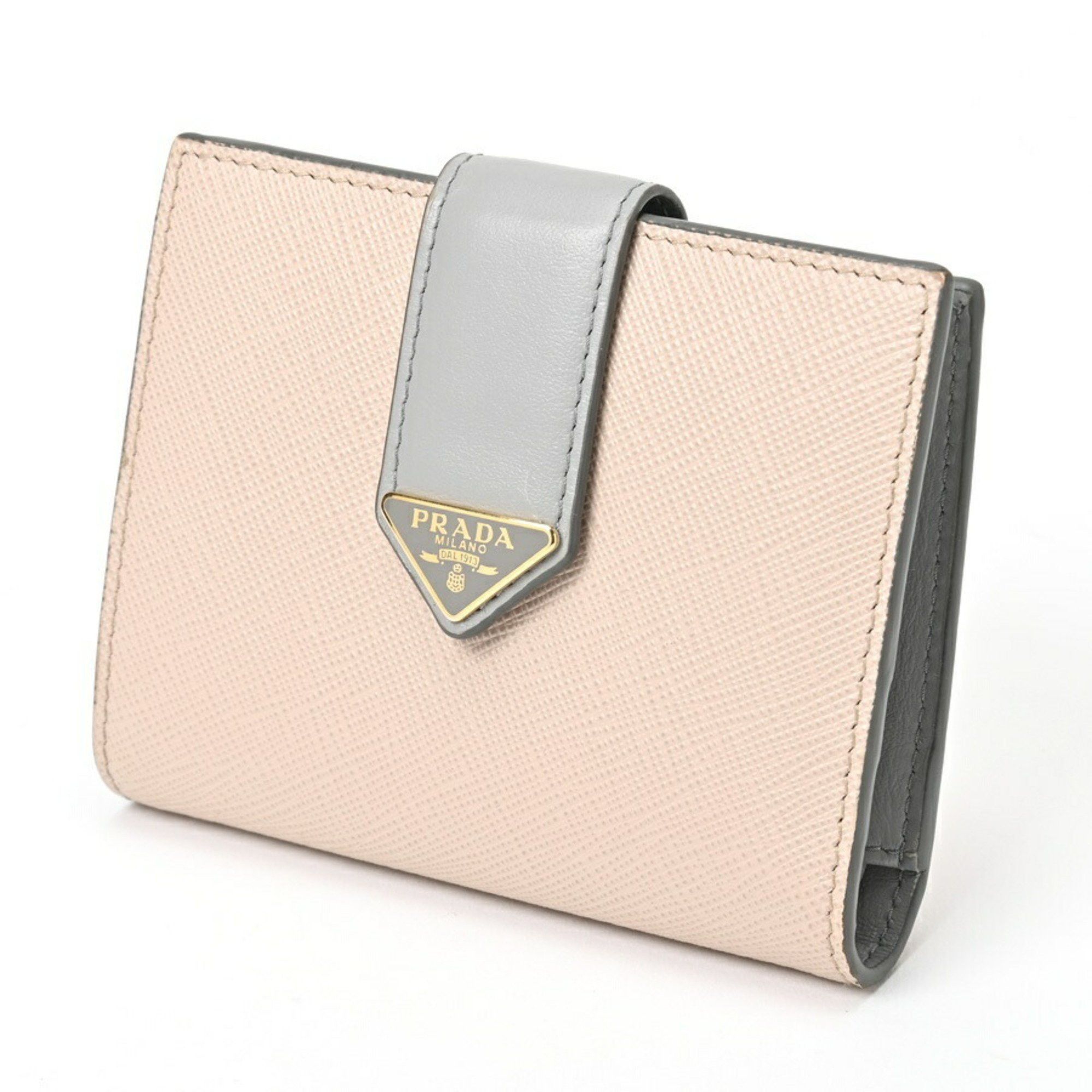 image of Prada Saffiano Tab Folding Wallet Triangle 1Mv204 2Dyg F03Ot Pink Beige/gray S-155611 in Grey, Wome