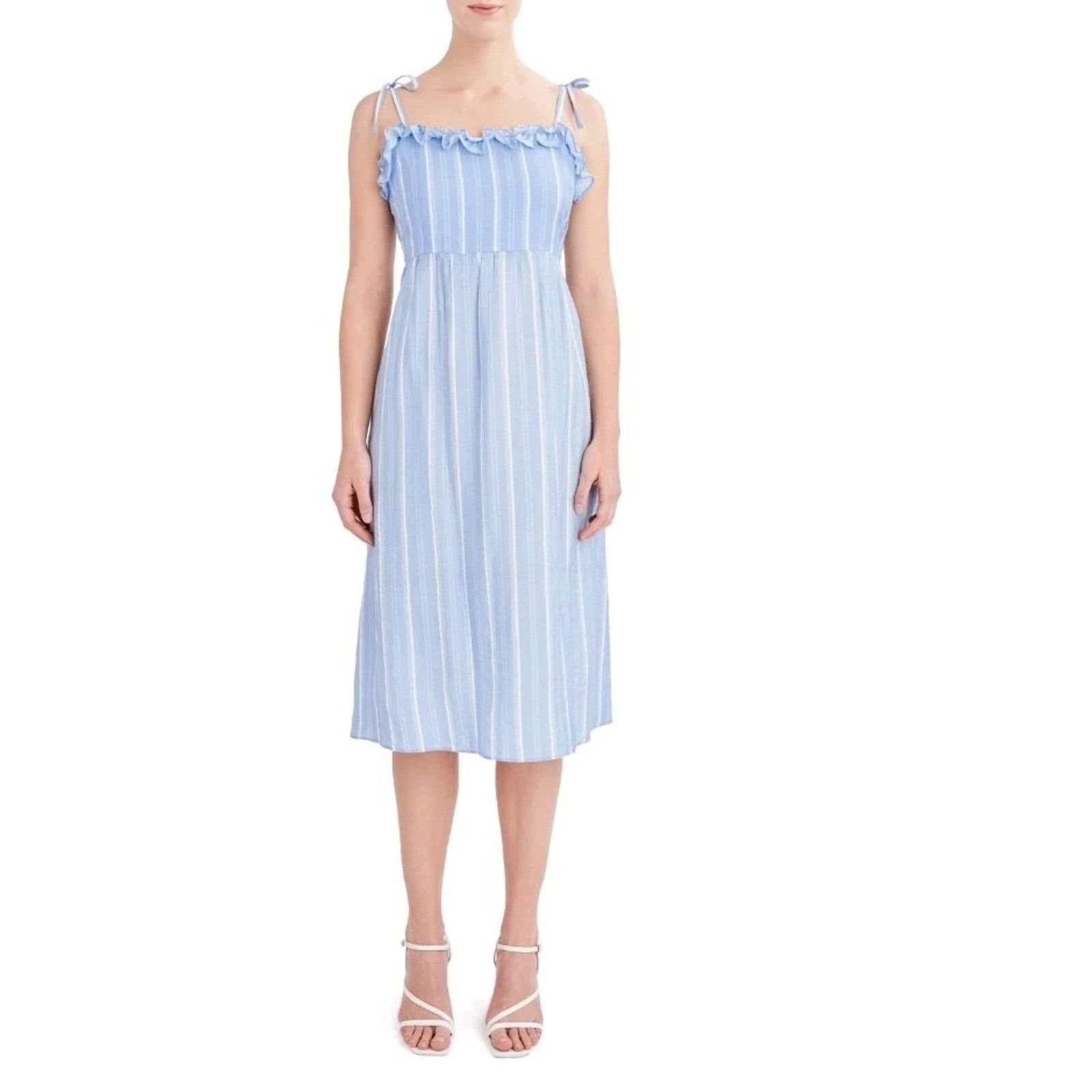 BCBG Dress XS Blue Striped Ruffle Midi Cottagecore Romantic