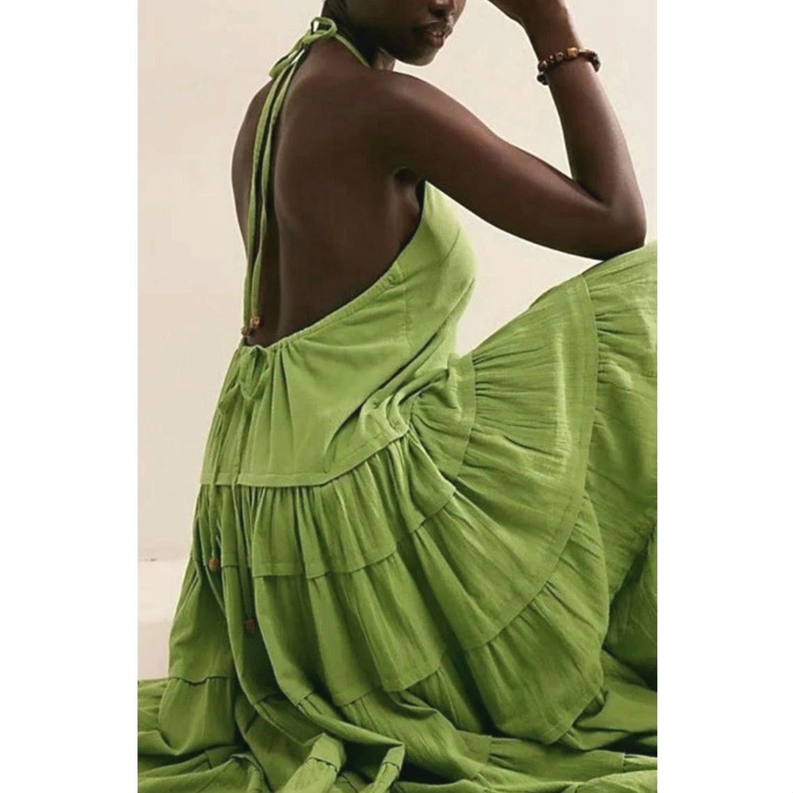 short green strapless dress Kiwi Monstera Linen Rumba Dress – Linen Tales Global main image 0