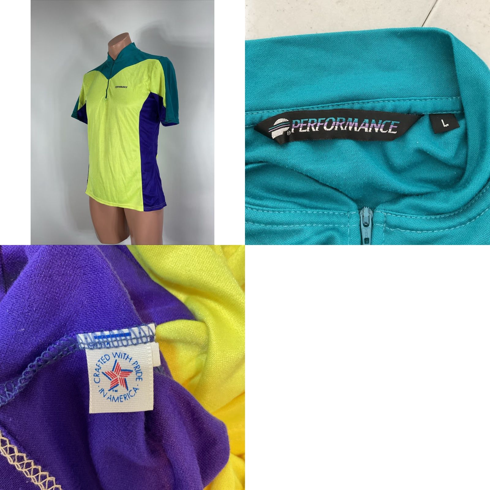 VINTAGE Performance Cycling Wear Jersey Large Neon Yellow Purple USA Bike 80s/Performance/jersey