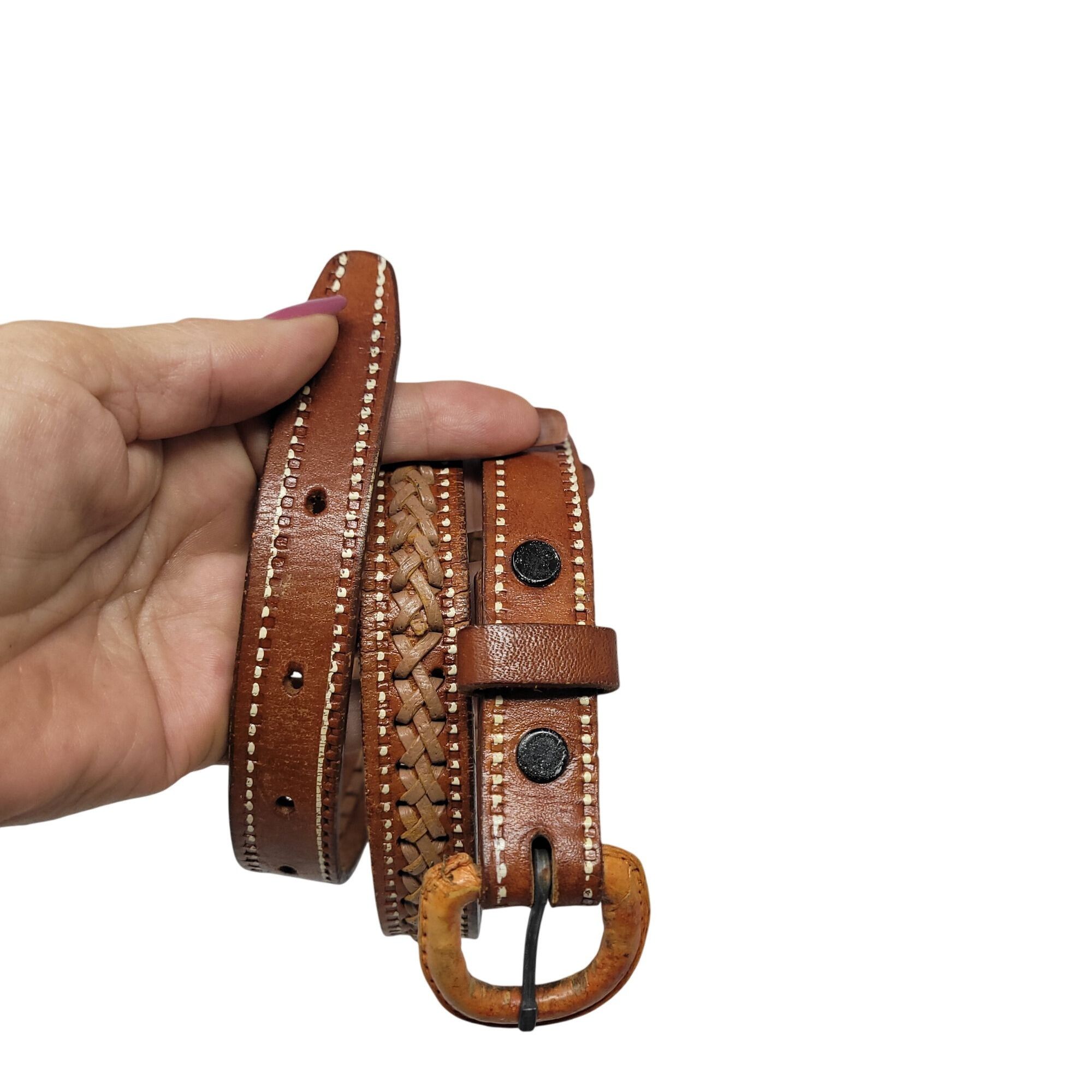 Handmade Vtg Handmade Cognac Braided Tooled Western Leather Belt 28" Size ONE SIZE - 16 Thumbnail