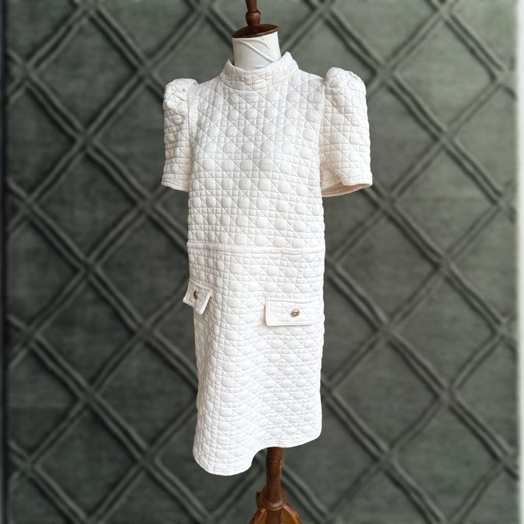 Vintage THML Quilted Dress Womens Small Ivory Puff Sleeve Mini Cottagecore Textured Size S / US 4 / IT 40 - 1 Thumbnail