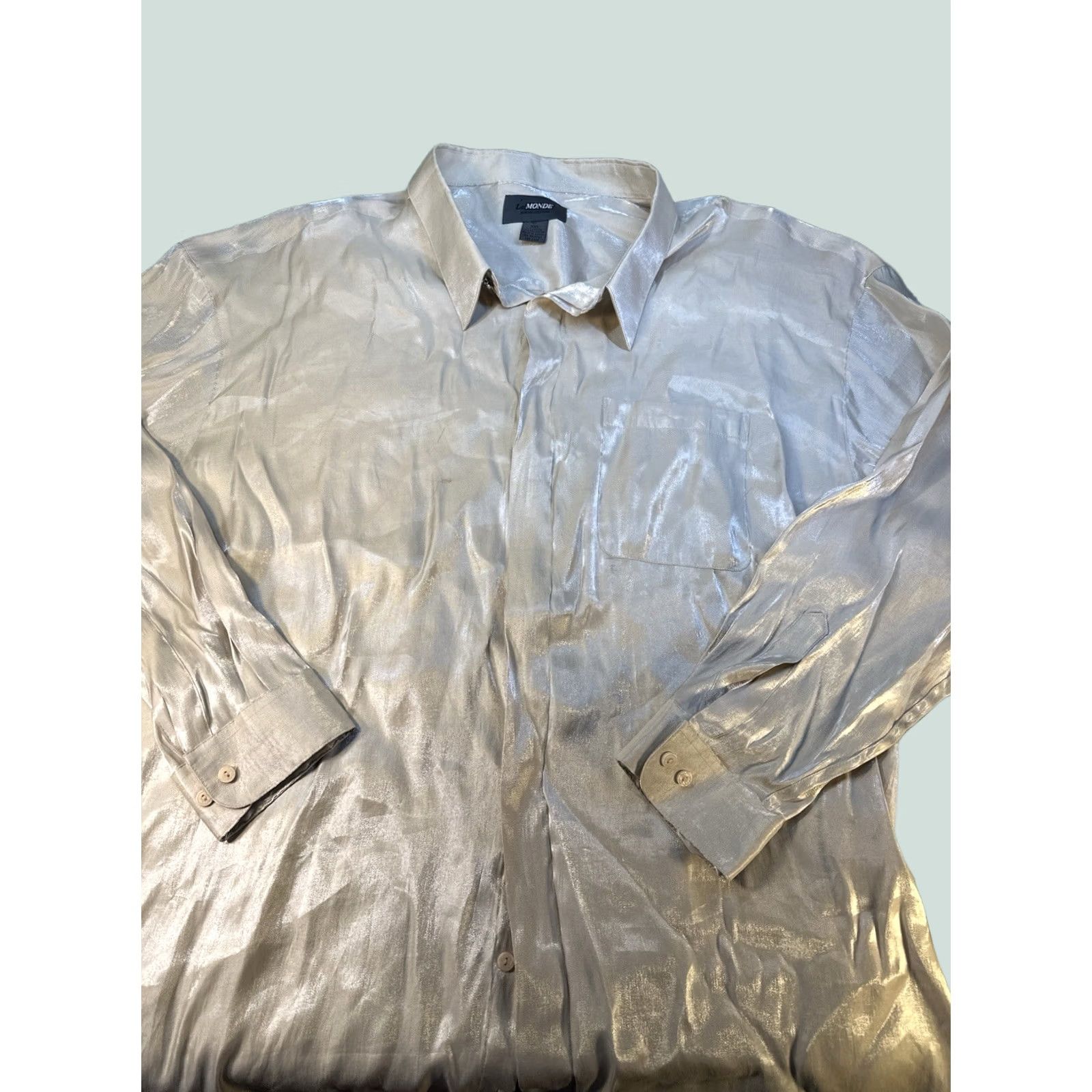 Vintage Le Monde Homme Couture Shiny Dress Shirt 3XL Champagne Silver Vintage 90s Mens Size 48R - 1 Thumbnail