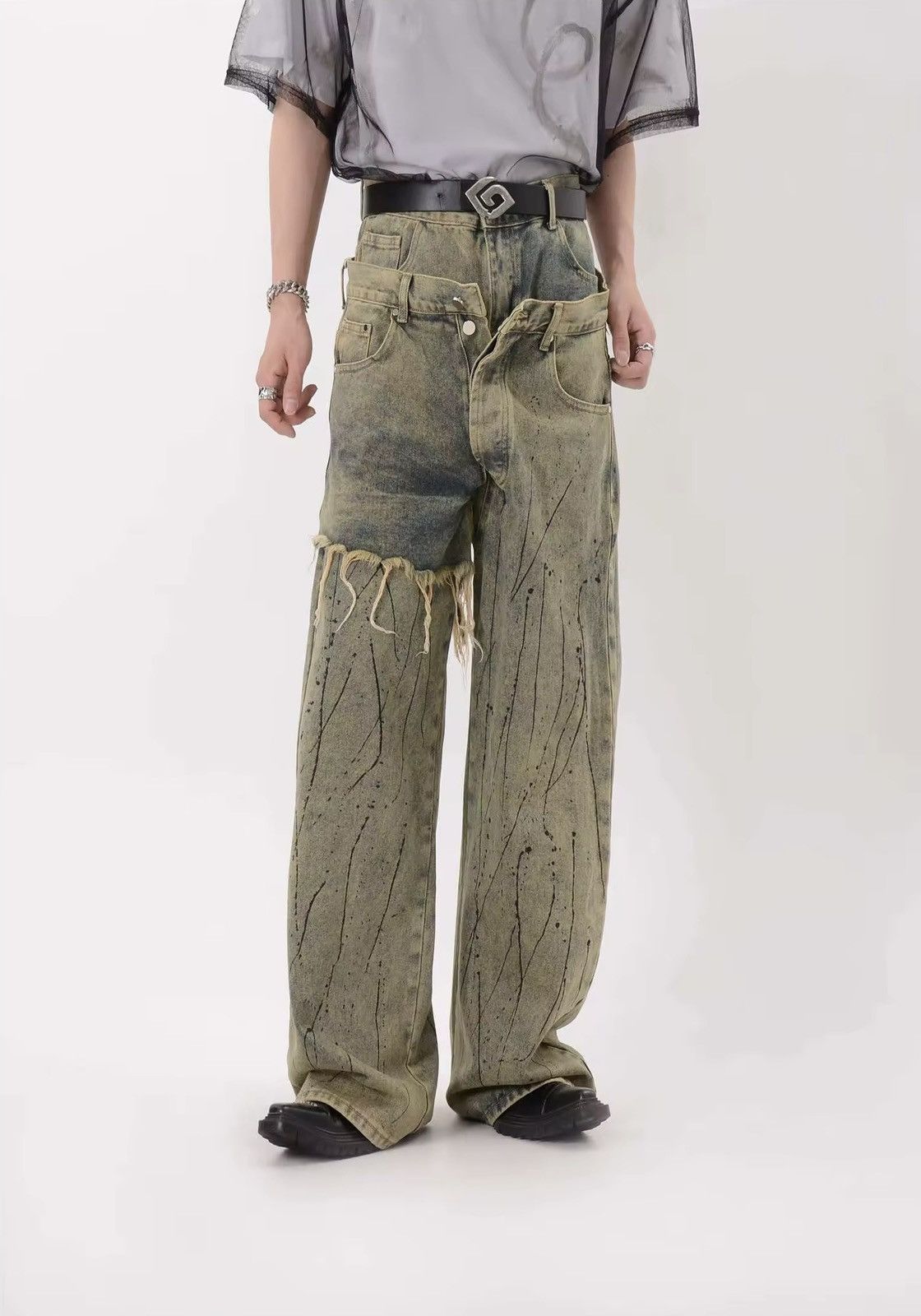 Designer × Vintage Asymmetric Design Loose Distressed Baggy Pants Jeans Size US 34 / EU 50 - 5 Thumbnail