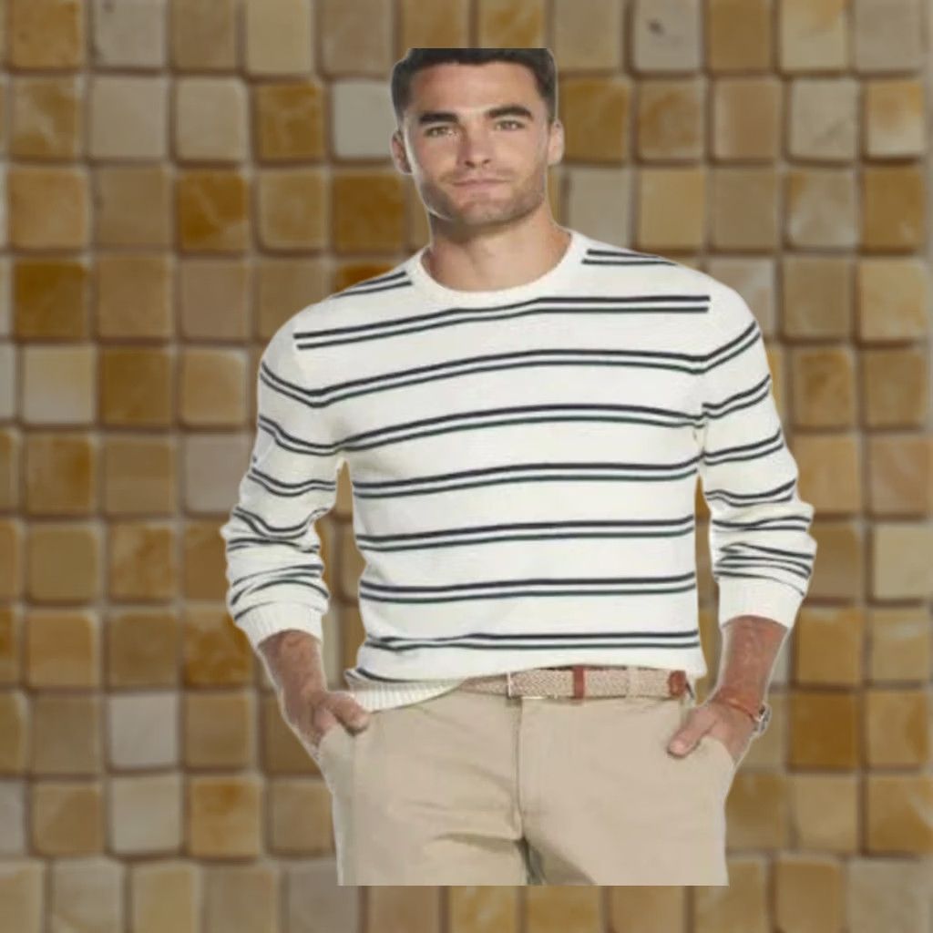Izod NIzod Premium Essentials Crewneck Sweater Ivory Striped, 2XL, Men, Classic Fit, Knit Cotton Blend, Pullover, Natural Stretch Size US XXL / EU 58 / 5 - 1 Preview