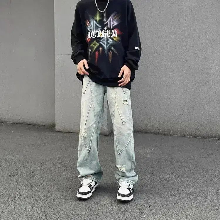 Japanese Brand Retro patchwork straight leg distressed jeans Size US 32 / EU 48 - 3 Thumbnail