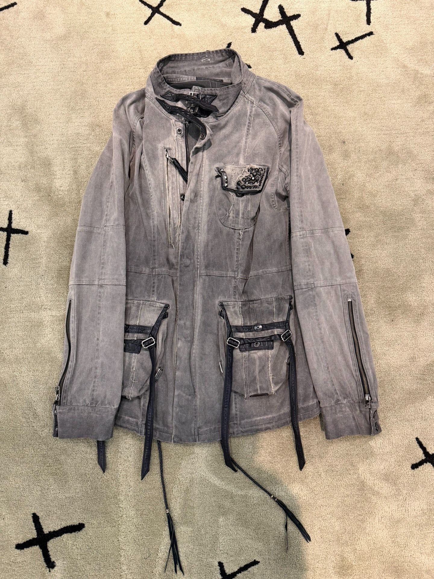 Gray Denim Jacket with Leather Straps