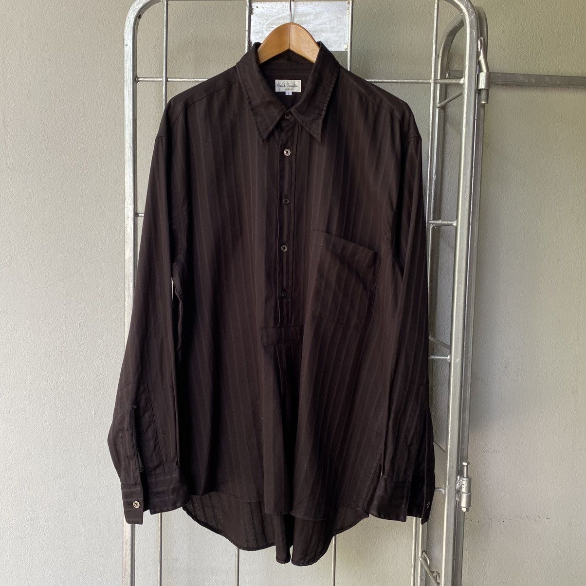 Paul Smith Paul Smith Dark Brown Half-Placket Pinstripe Shirt Size L / US 10 / IT 46 - 2 Thumbnail
