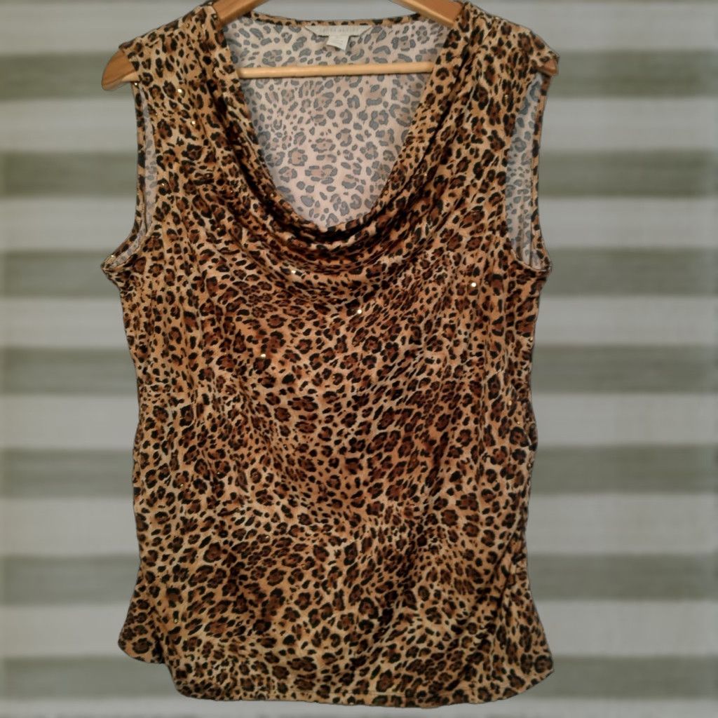 Laura Ashley VINTAGE Laura Ashley Shirt Women XL Sleeveless Brown Cat Cheetah Leopart Print Sequins Size XL / US 12-14 / IT 48-50 - 1 Thumbnail