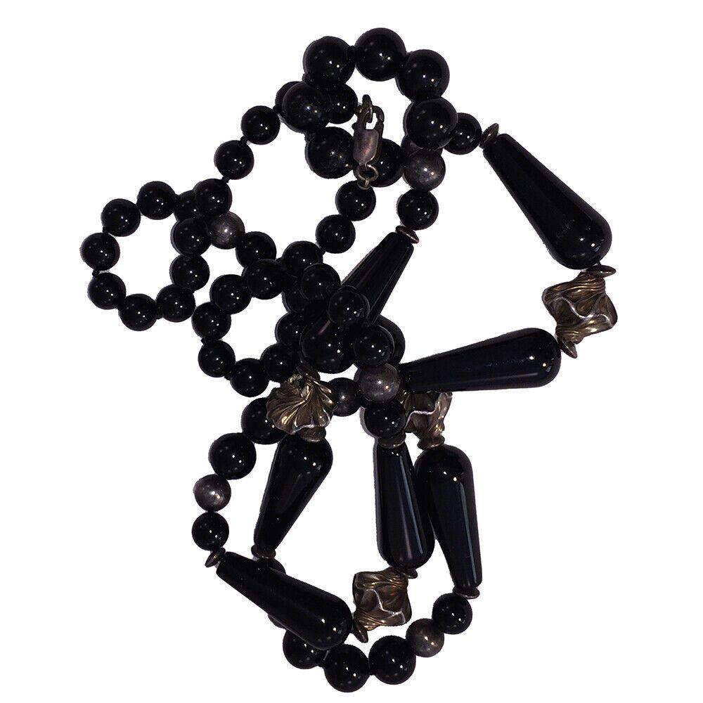 Handmade Carved Black Onyx & Sterling Opera Length Bead Necklace Size ONE SIZE - 4 Thumbnail