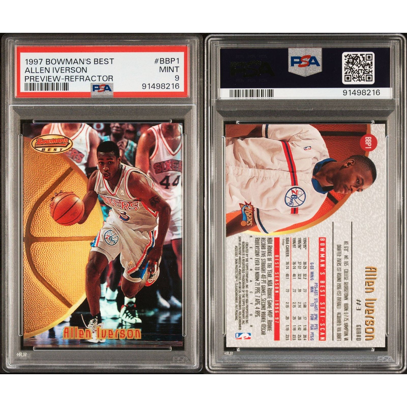 NBA 1997 Bowman's Best Preview Refractor BBP1 Allen Iverson PSA9 Size ONE SIZE - 3 Thumbnail