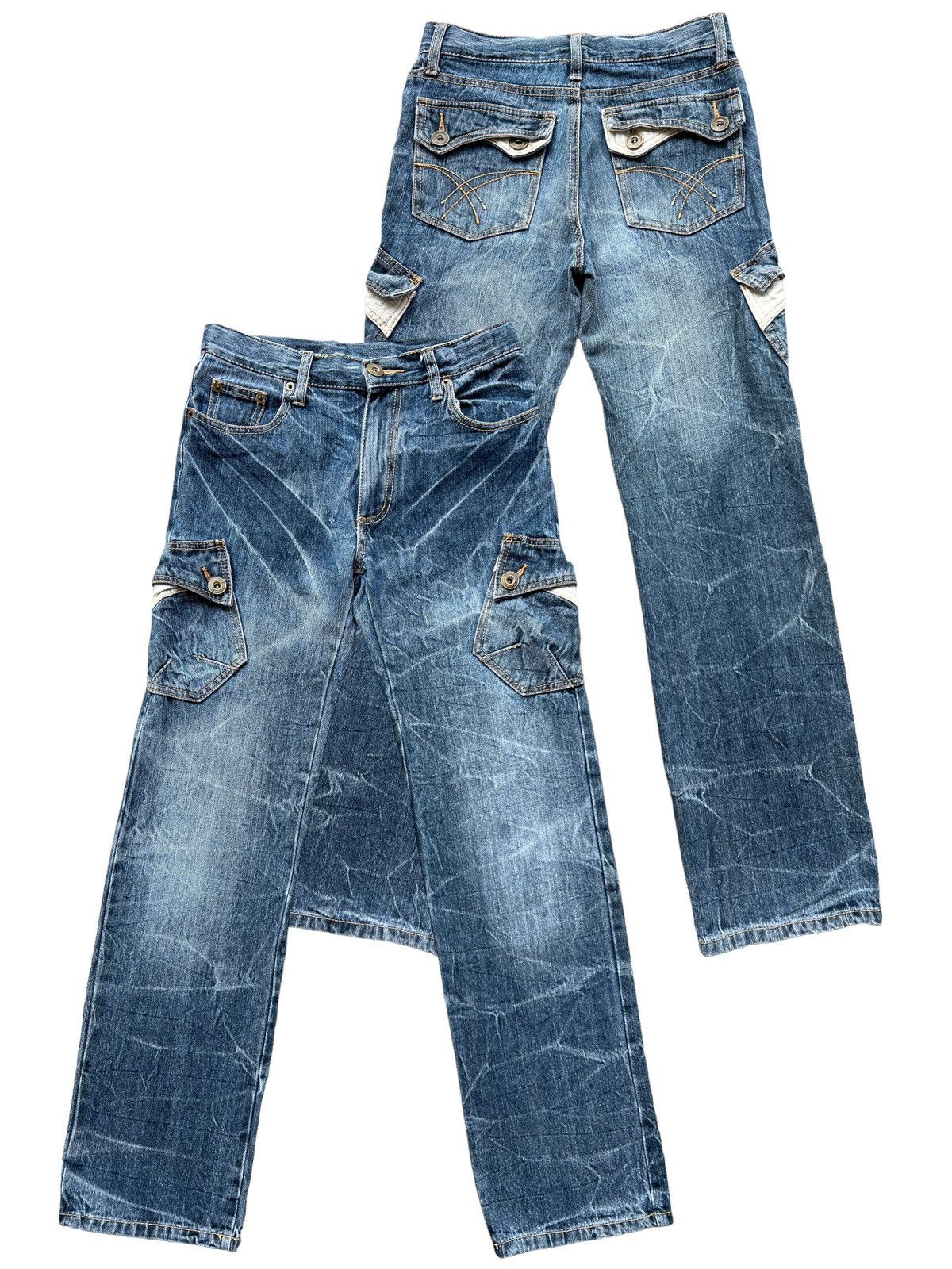 image of Beauty Beast x Seditionaries Japanese Multi Pocket Tactical Cargo Denim Jeans 28X30.5 in Blue Denim