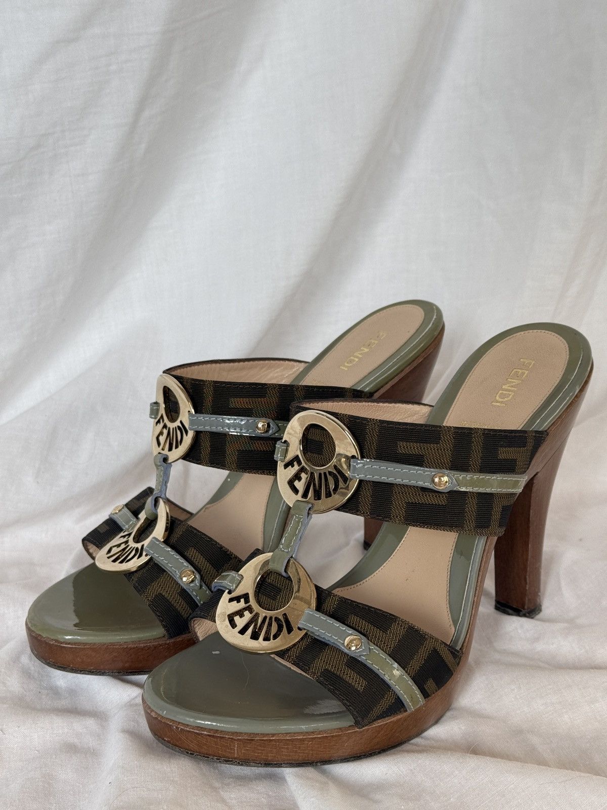 Fendi Fendi Tobacco Canvas Leather Trim Logo Wooden Mules Clogs Size US 7 / IT 37 - 5 Thumbnail
