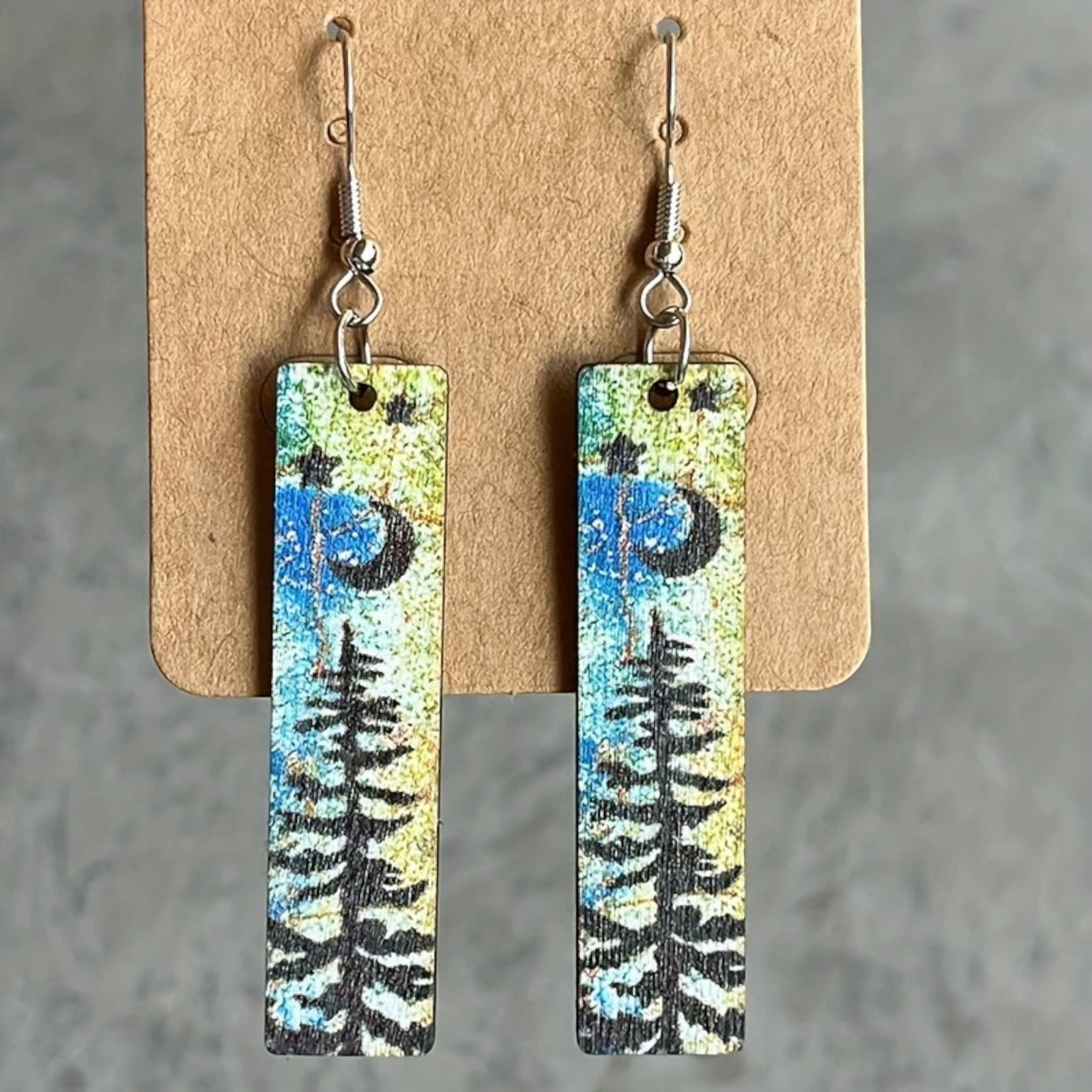 Other Wooden Mountain Scene Earrings Pine Tree Moon Blue Yellow Size ONE SIZE - 3 Thumbnail