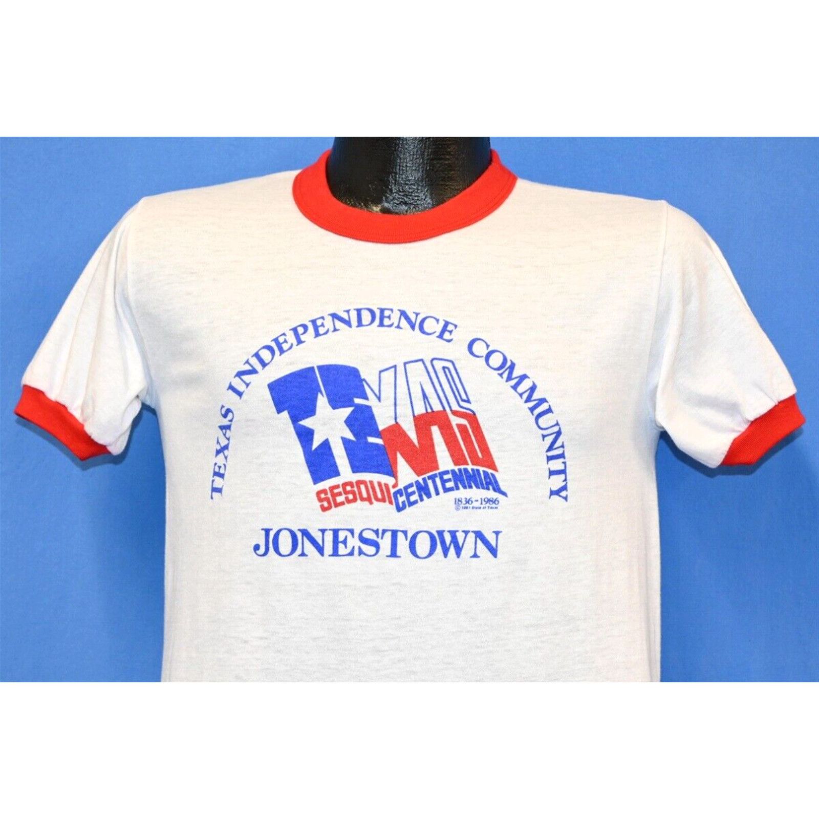 image of Vintage VTG 80's Texas Independence Community Jonestown 1986 Anniversary Ringer T-Shirt S in White 