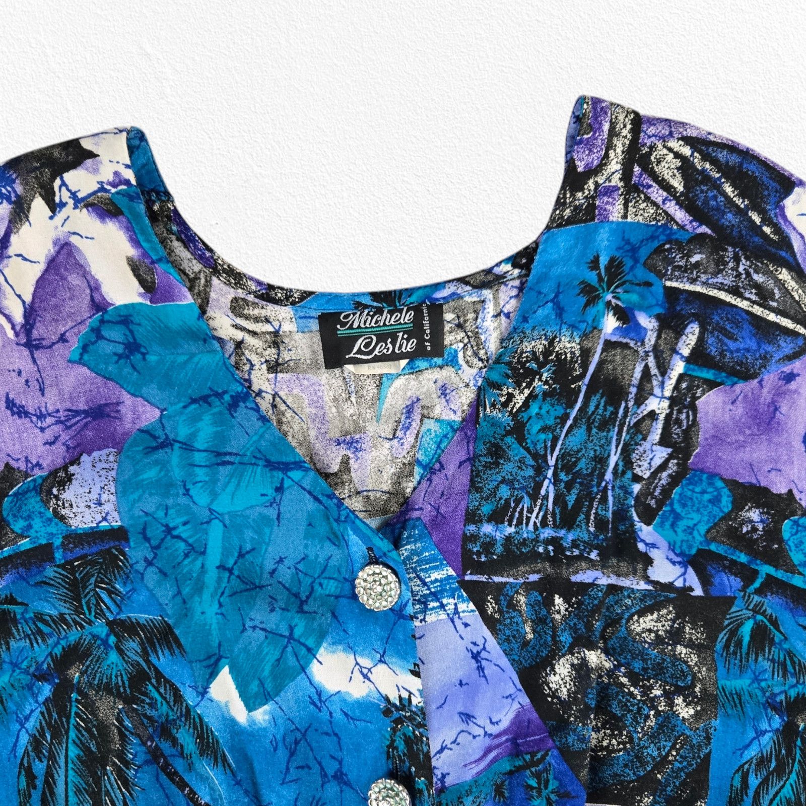 Vintage 80s Black Blue Bold Tropical Print Romper Size 1X Size 40" / US 18 - 4 Thumbnail