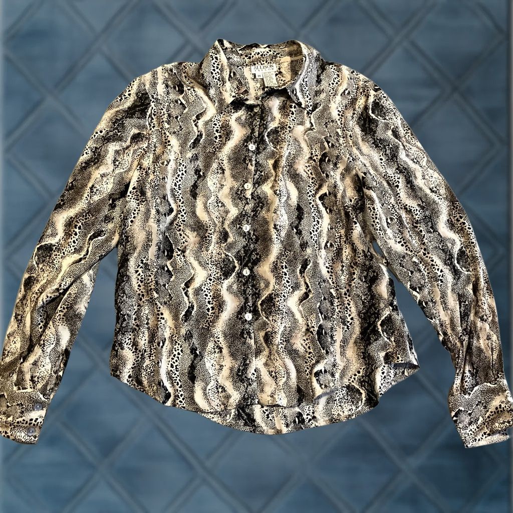Vintage Allison Taylor Button-Up Shirt Women Medium Silk Black Snakeskin 100% Silk Bohemian Button Up Blouse Size M / US 6-8 / IT 42-44 - 1 Thumbnail