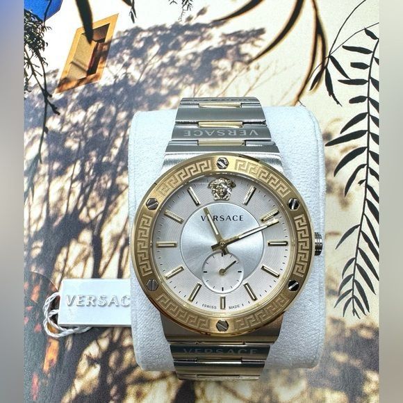 image of Versace Greca Logo Two-Tone Stainless Steel Watch in Gold, Men's