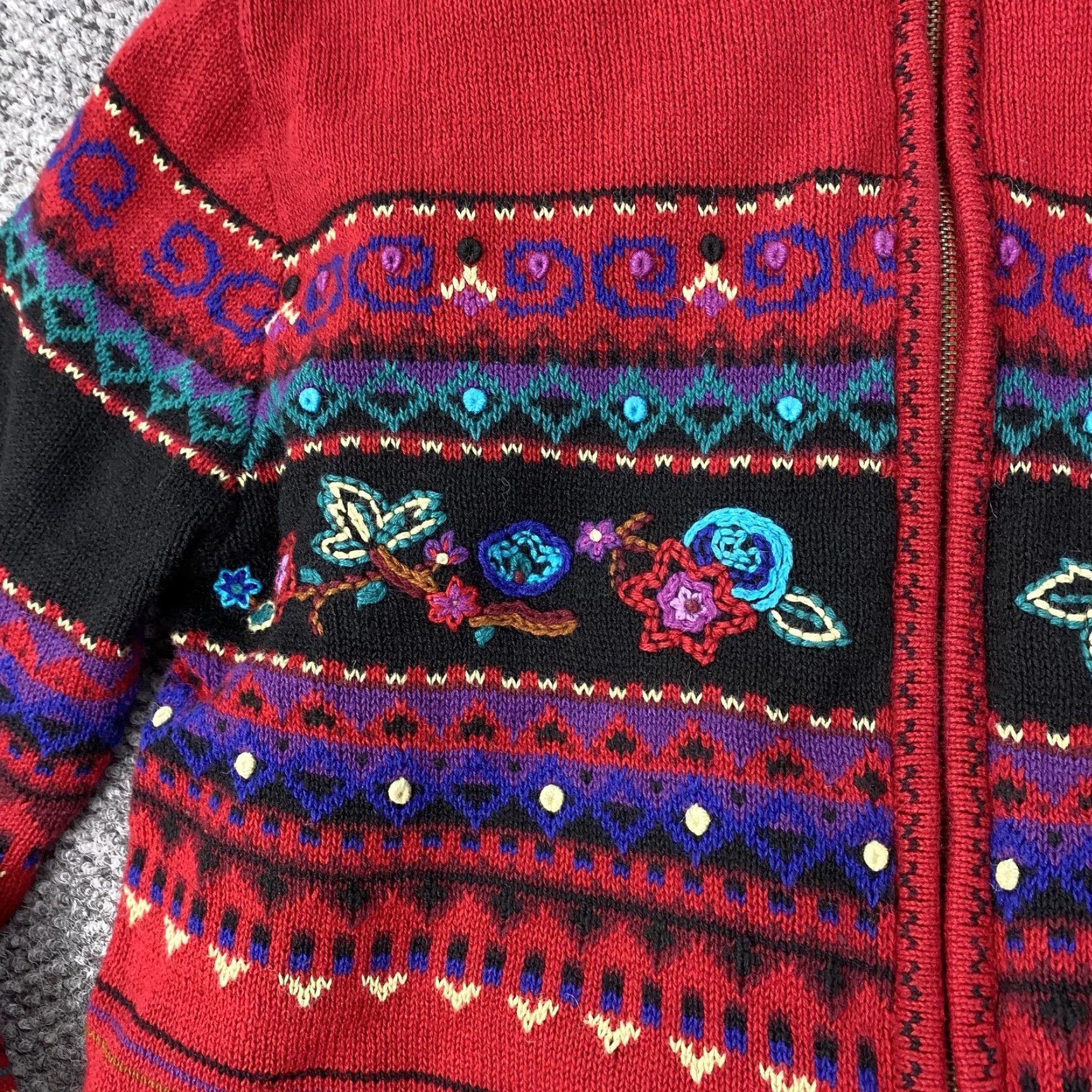 Vintage VINTAGE Koret Jacket Womens Large Red Floral Embroidered Knit Full Zip Lined Petites Bohemian Women Size L / US 10 / IT 46 - 3 Thumbnail
