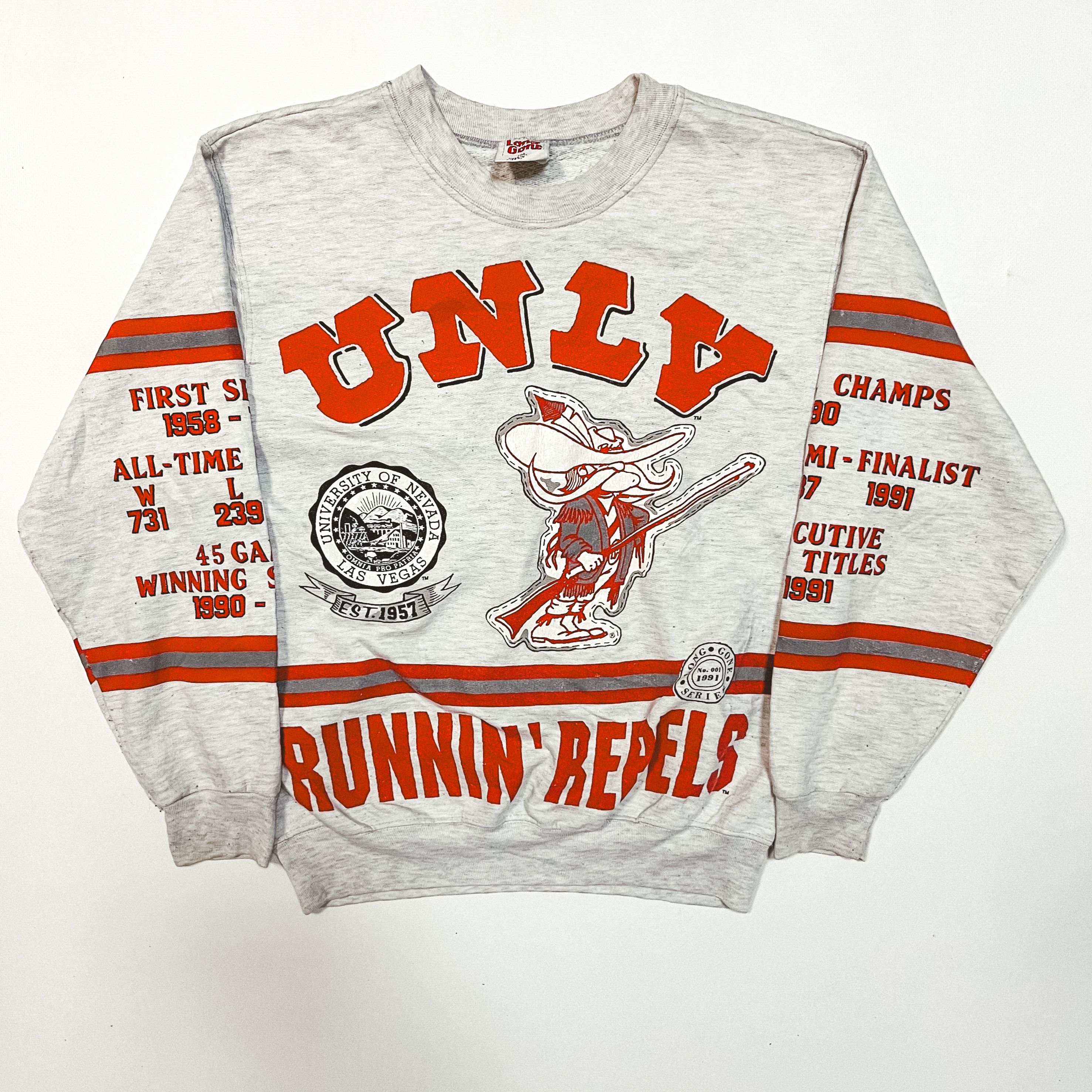 image of Vintage VTG 90's Aop Long Gone Unlv Runnin Rebels Sweatshirt in Gray Red, Men's (Size Medium)
