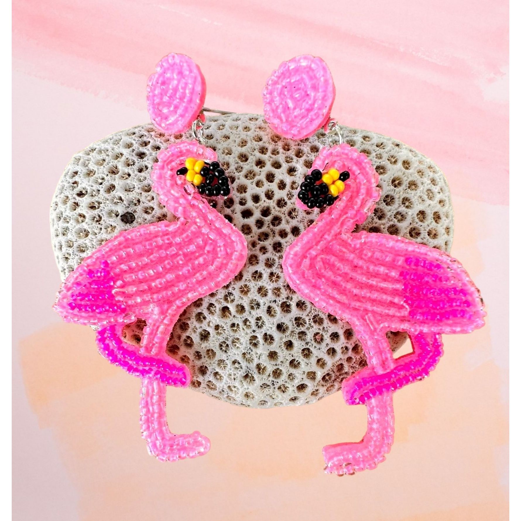 Handmade Flamingo Earrings Beaded Dangle Posts Pink Statement Jewelry Size ONE SIZE - 1 Thumbnail