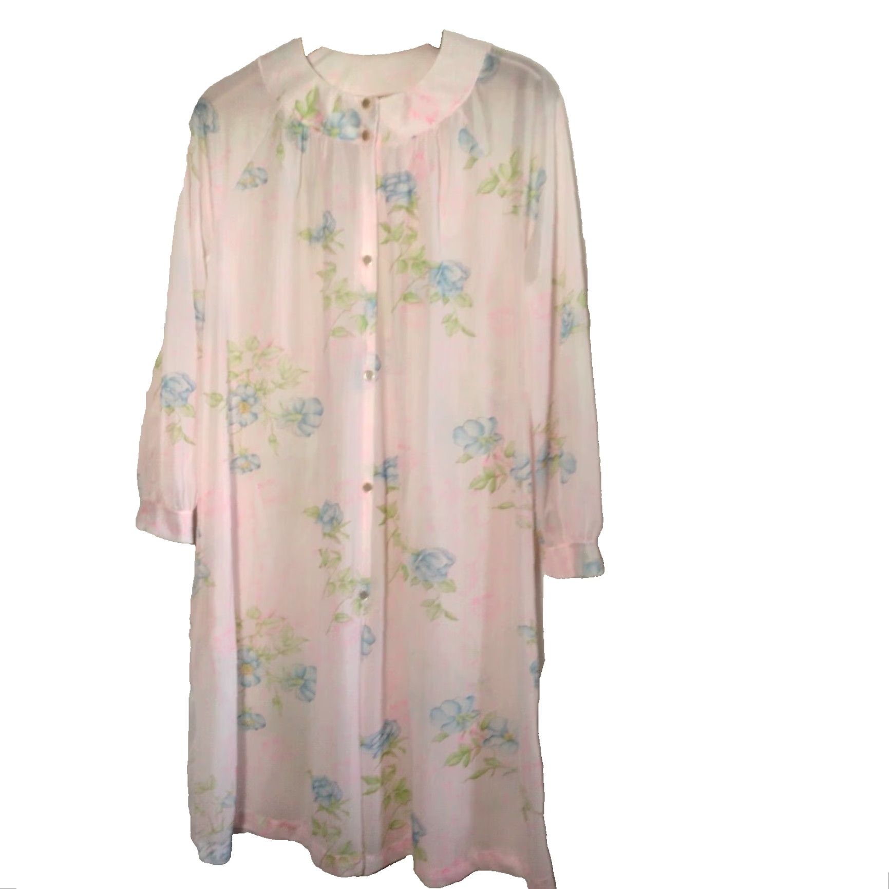 Pinko VINTAGE Pink Floral Nightgown Women's Large Nylon Semi Sheer Button Collar Grannycore 40" Sleepwear Size ONE SIZE - 2 Thumbnail