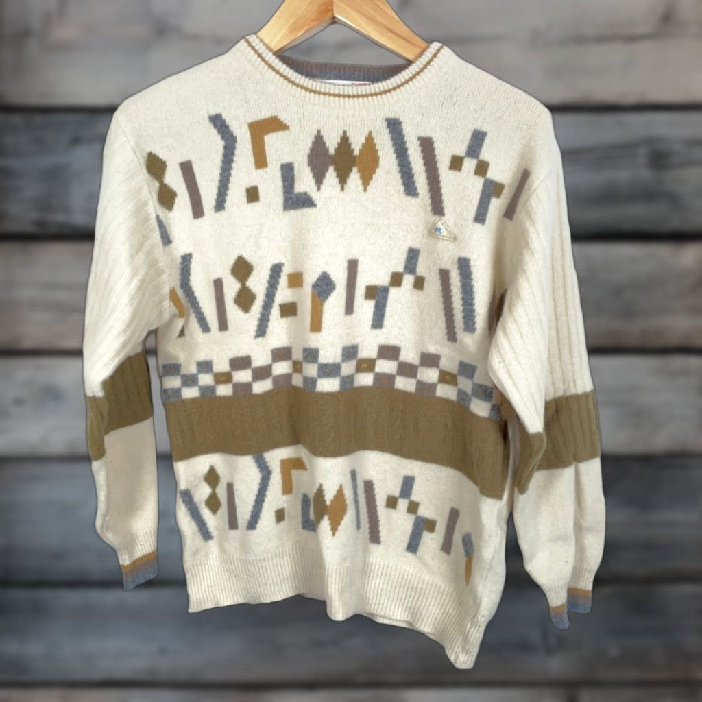 Vintage VINTAGE 80s Monte Carlo Lambs Wool Geometric Abstract Pattern Sweater Mens Small Ivory Size US S / EU 44-46 / 1 - 1 Thumbnail