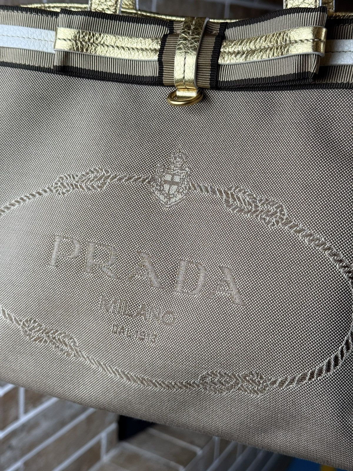 Prada Prada Brown Logo Jacquard Canvas Mettalic Gold Handle Bag Size ONE SIZE - 6 Thumbnail