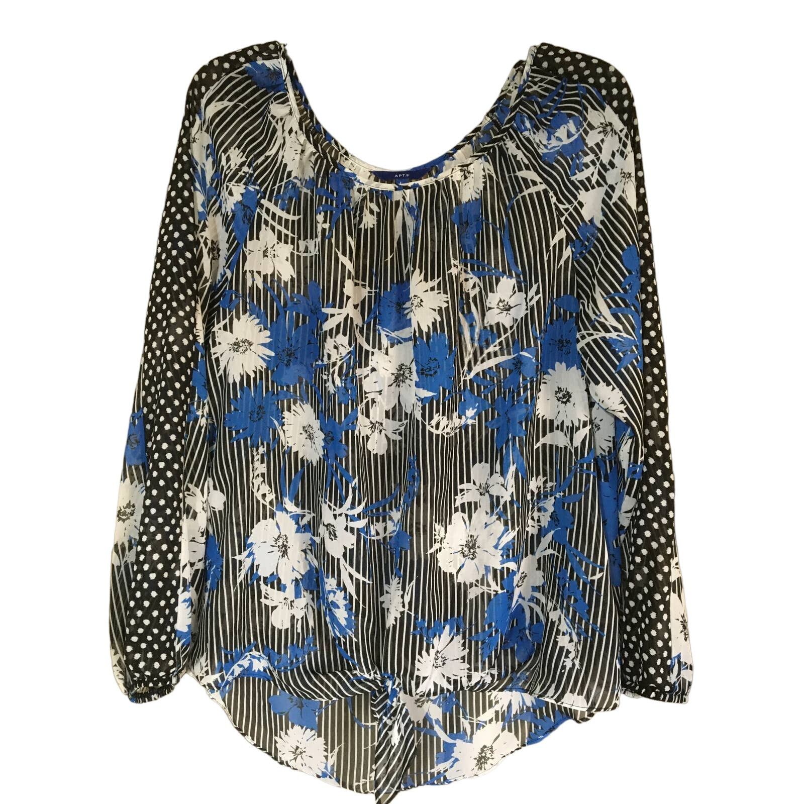 Apt. 9 Apt 9 Large Tie Front Long Sleeve Stripe Floral Sheer Blouse Size L / US 10 / IT 46 - 1 Thumbnail