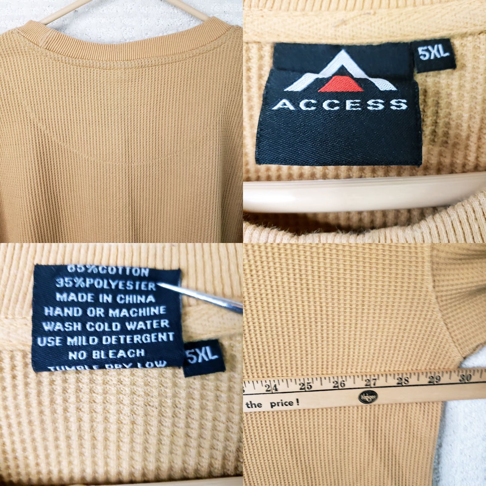 Vintage Access T-Shirt 5XL Long Sleeve Crew Neck Waffle Knit Thermal Camel Tan Big & Tall Mens Size US XXL / EU 58 / 5 - 8 Thumbnail