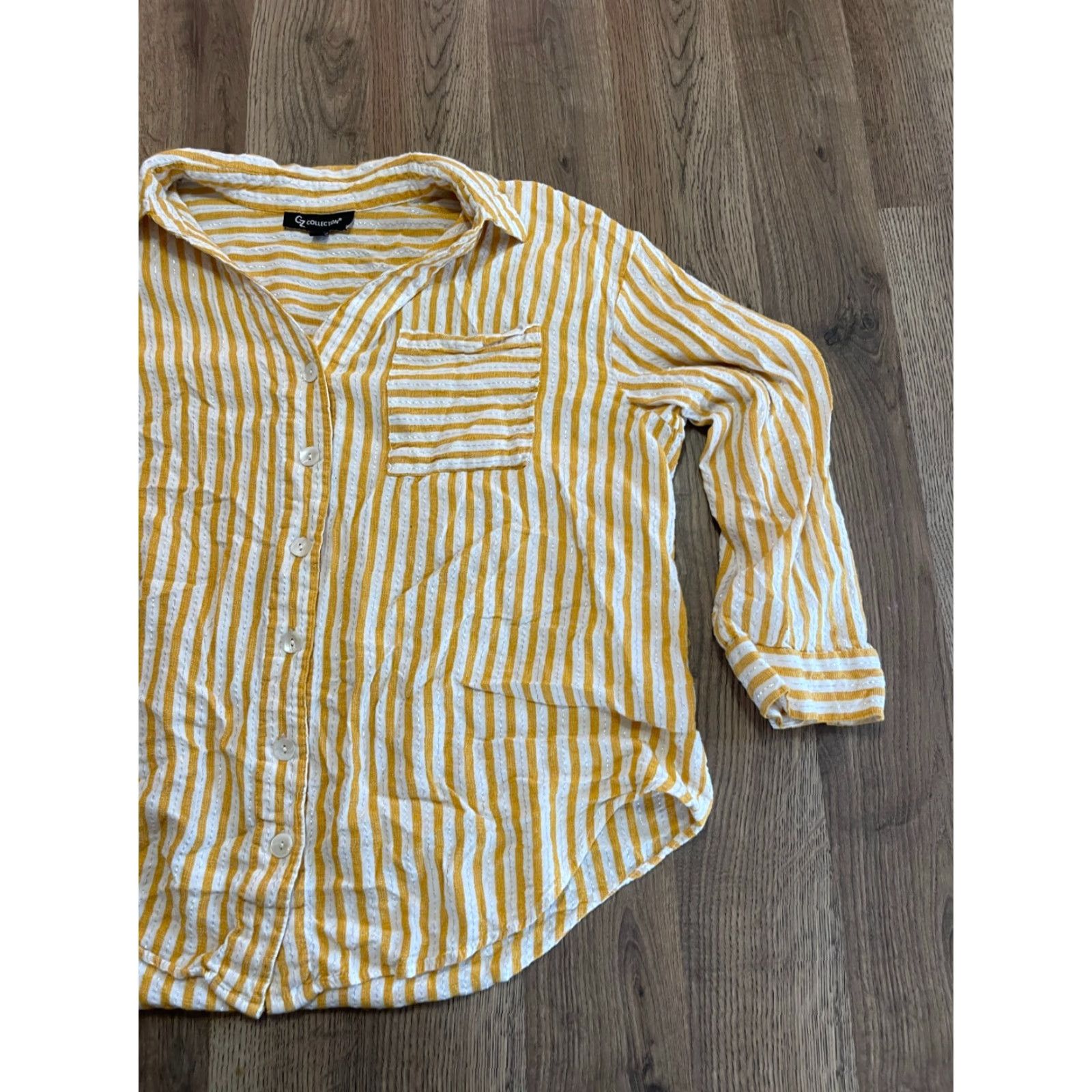 Vintage GZ Collection Shirt Women's 2X Striped Button-Up Yellow White Long Sleeve Casual Modern Fall Spring Summer Regular Mens Womens Girls Boys? Size XXL / US 16-18 / IT 52-54 - 4 Thumbnail