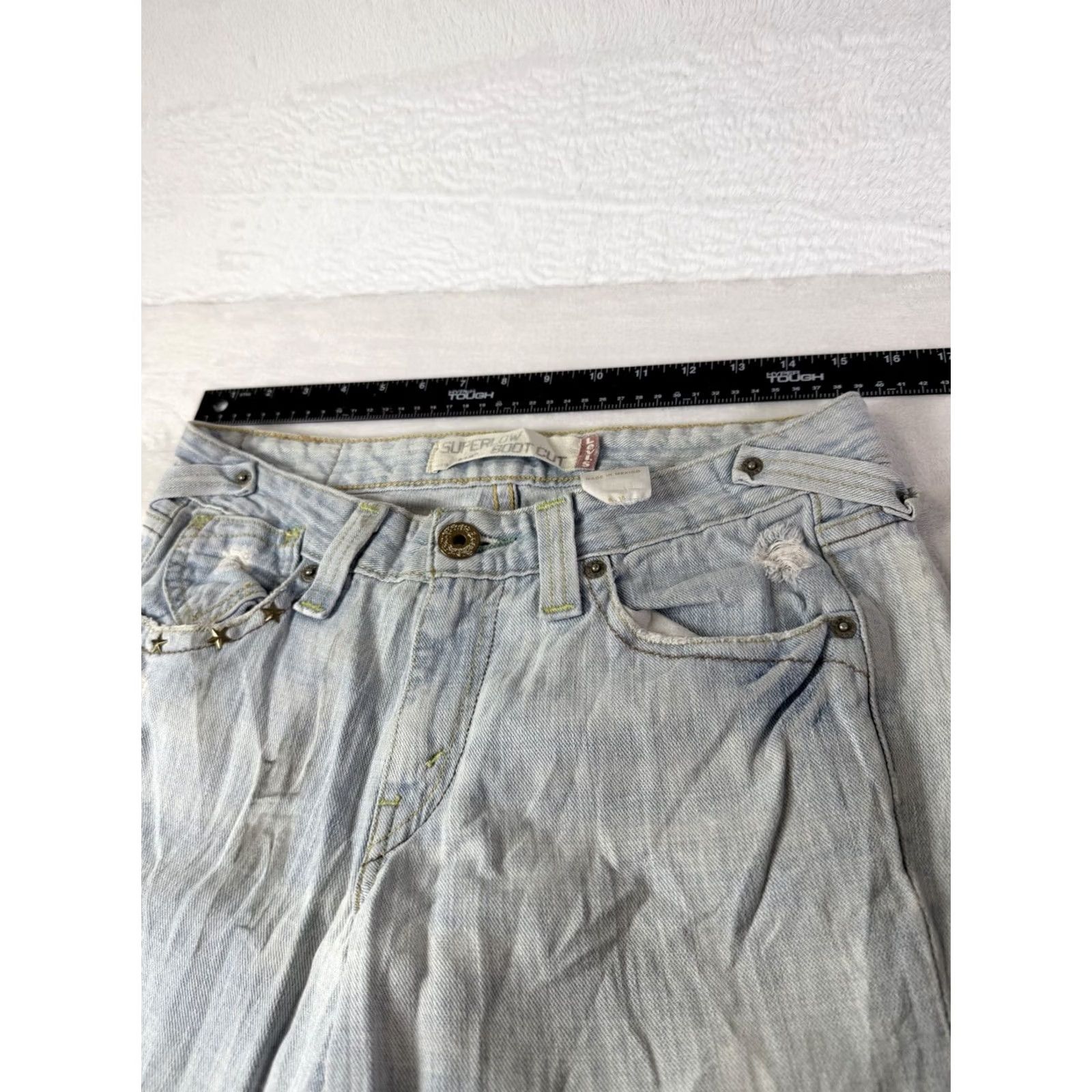 Levi's VINTAGE Levi's 518 Jeans Women's SuperLow Bootcut Size 5M Distressed Stained Y2K Blue denim 30in inseam Mens logo solid 5-Pocket Size 27" / US 4 / IT 40 - 6 Thumbnail