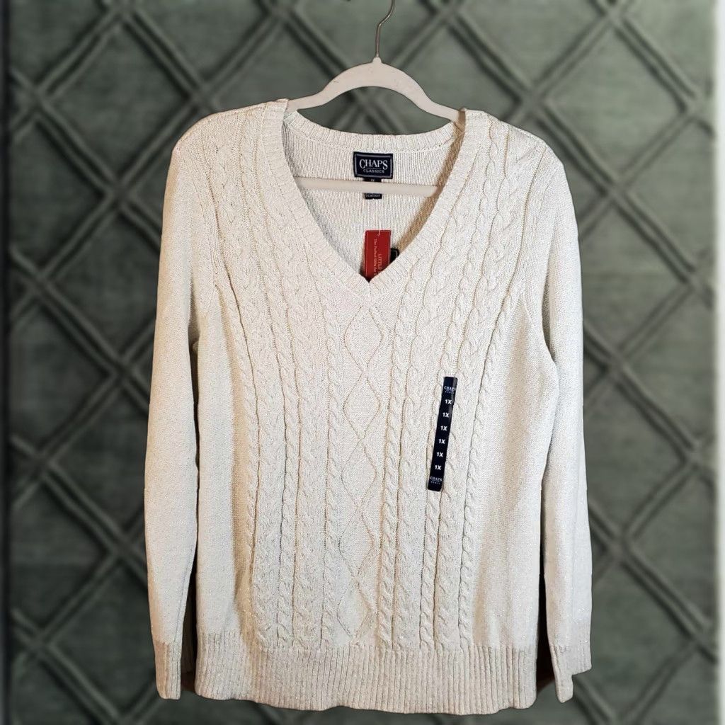 Chaps Chaps Sweater Womens NWT 1X Long Sleeve V-Neck White Cotton Blend Knit Pullover Casual Womens Classic 90s? Size XL / US 12-14 / IT 48-50 - 1 Thumbnail