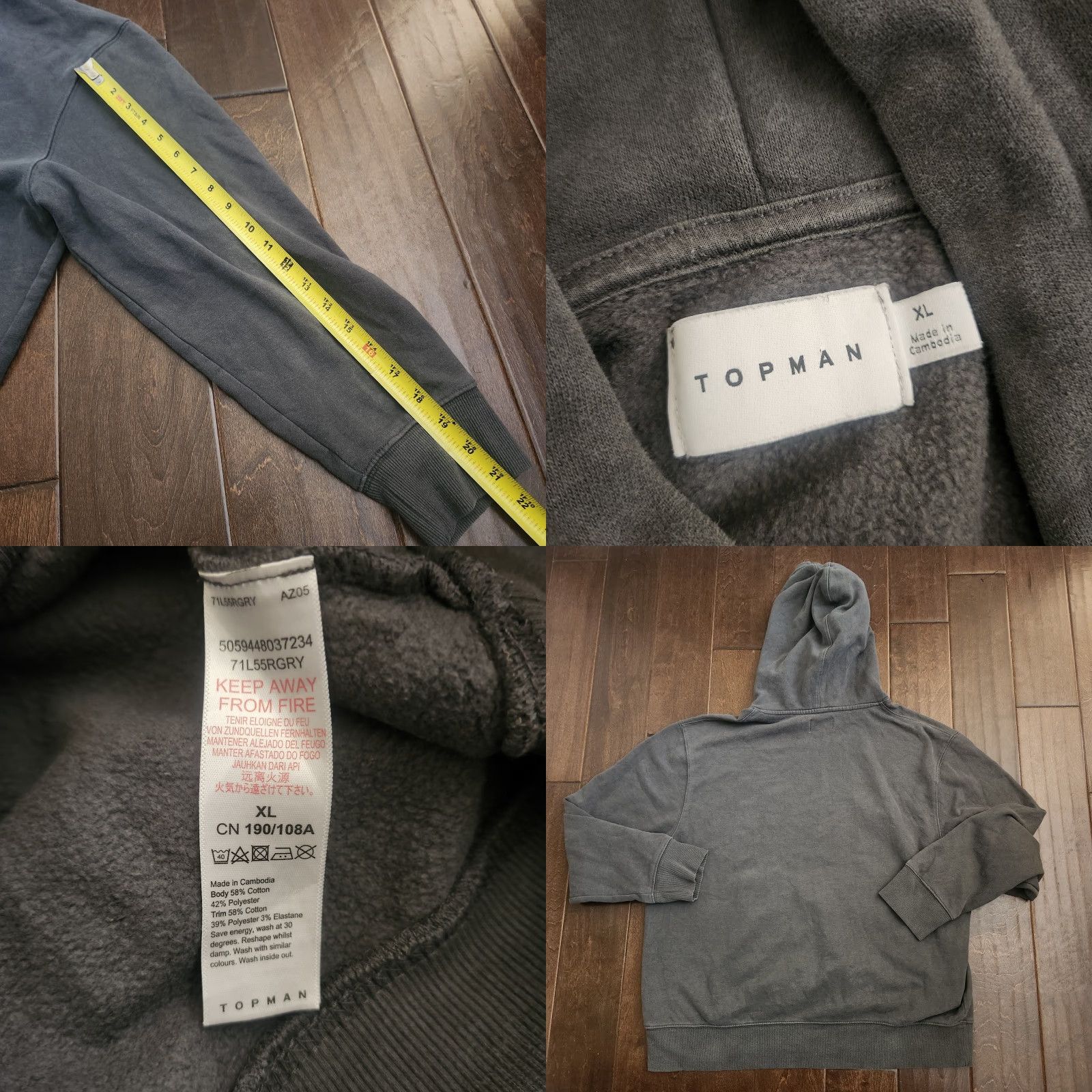 Topman Topman Hoodie Gray XL Mens Pullover Fleece Hooded Sweatshirt Pocket Drawstring Long Sleeve Cotton Polyester Regular Fit Machine Washable Size US XL / EU 56 / 4 - 9 Thumbnail