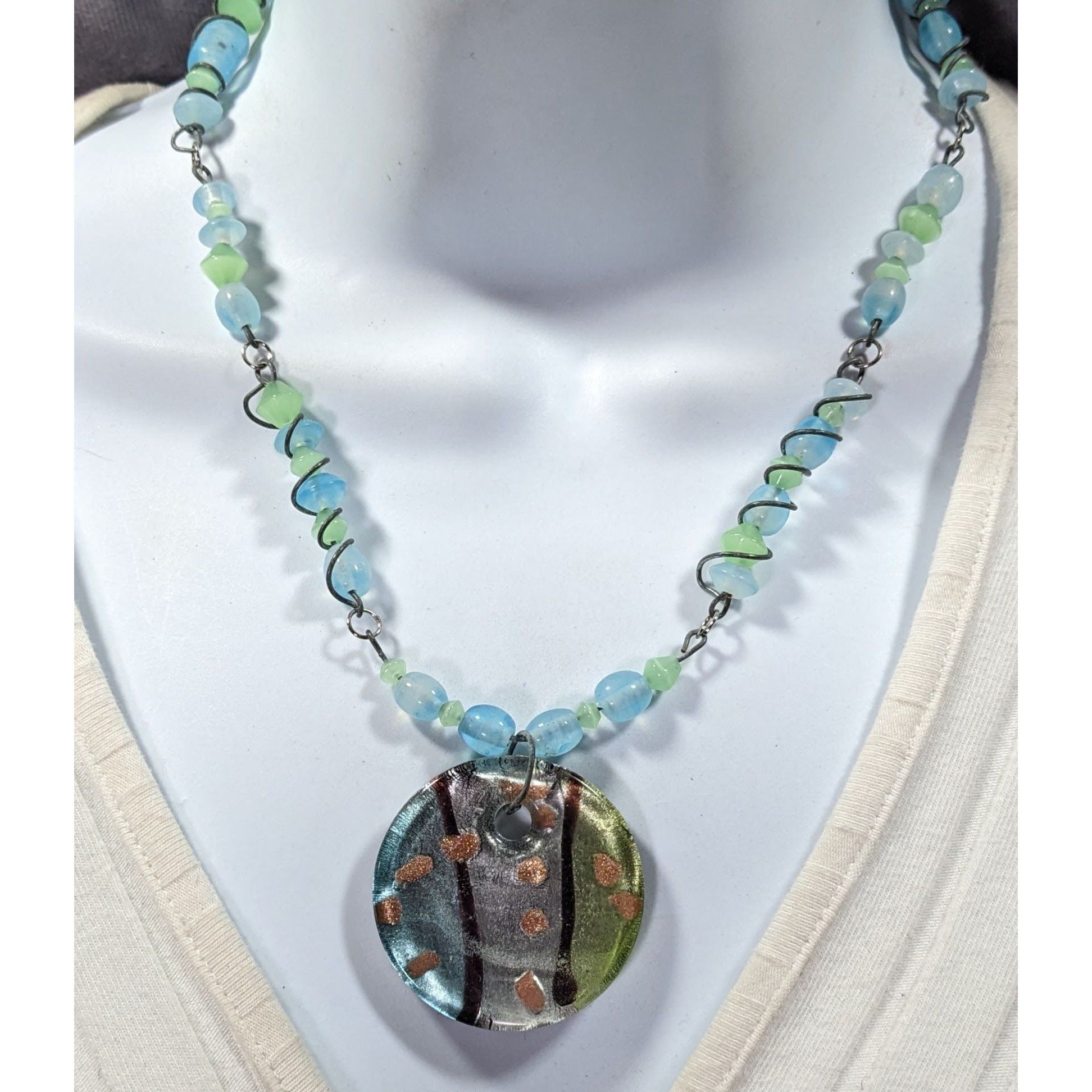 Other Handmade Whimsical Wire Wrapped Blue And Green Glass Pendant Size ONE SIZE - 5 Thumbnail