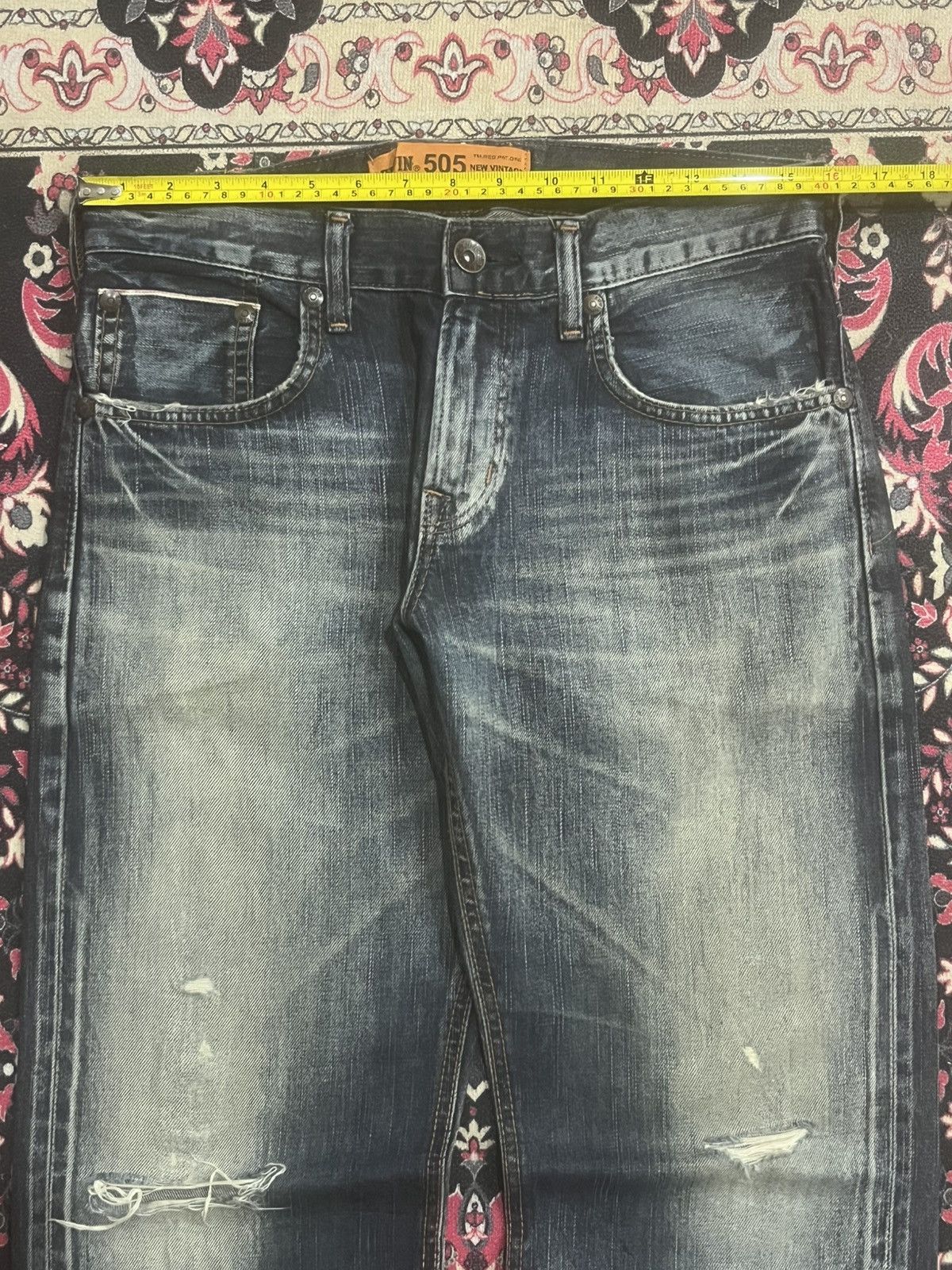 Vintage Edwin 505 Dark Faded Ripped Buckle Back Selvedge Flare Jeans Size US 30 / EU 46 - 15 Thumbnail