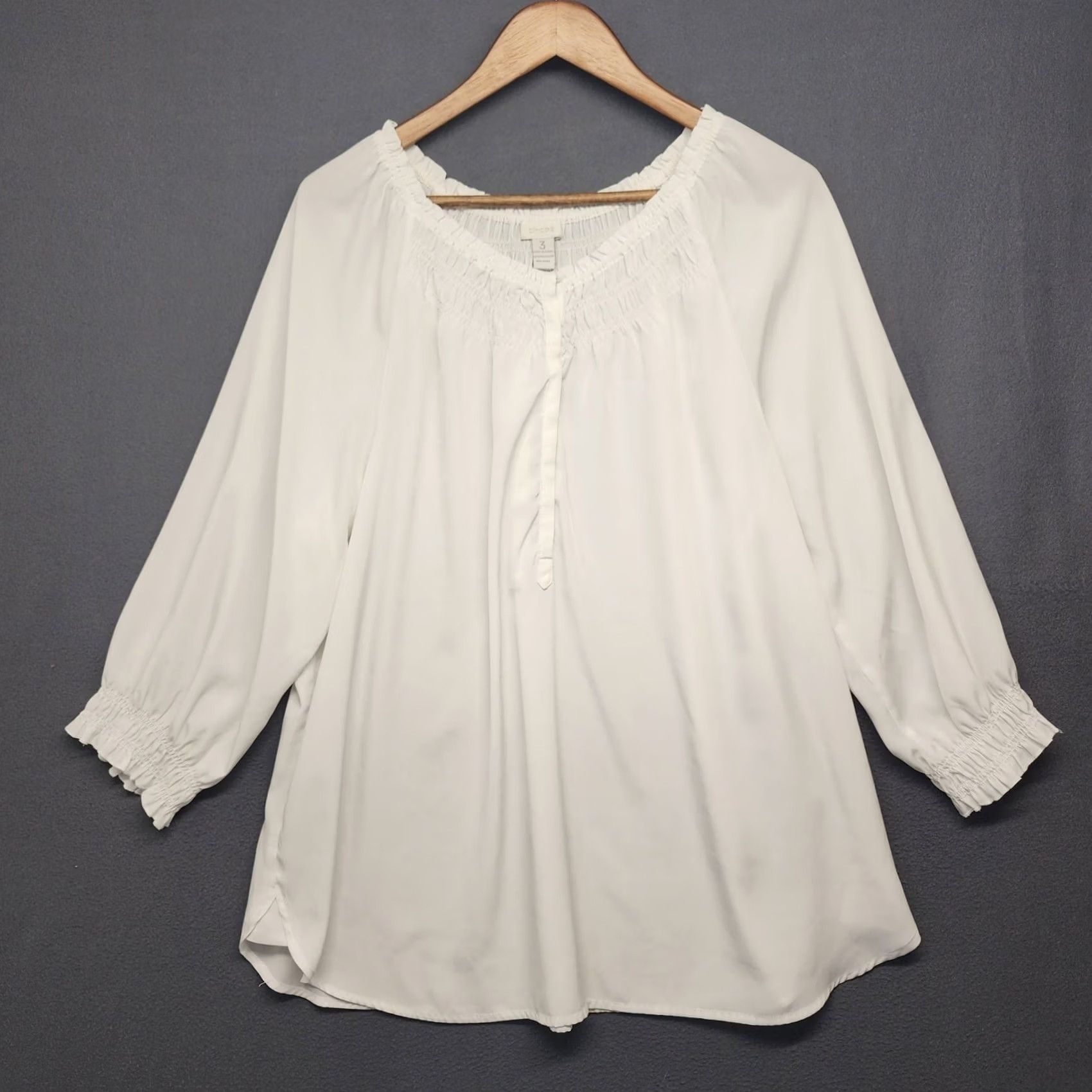 Vintage Chicos Top Womens Blouse White XL Lightweight Flowy Stretch Henley Office Long Sleeve Snap Shirt Womens XL White Blouse Size XL / US 12-14 / IT 48-50 - 2 Thumbnail