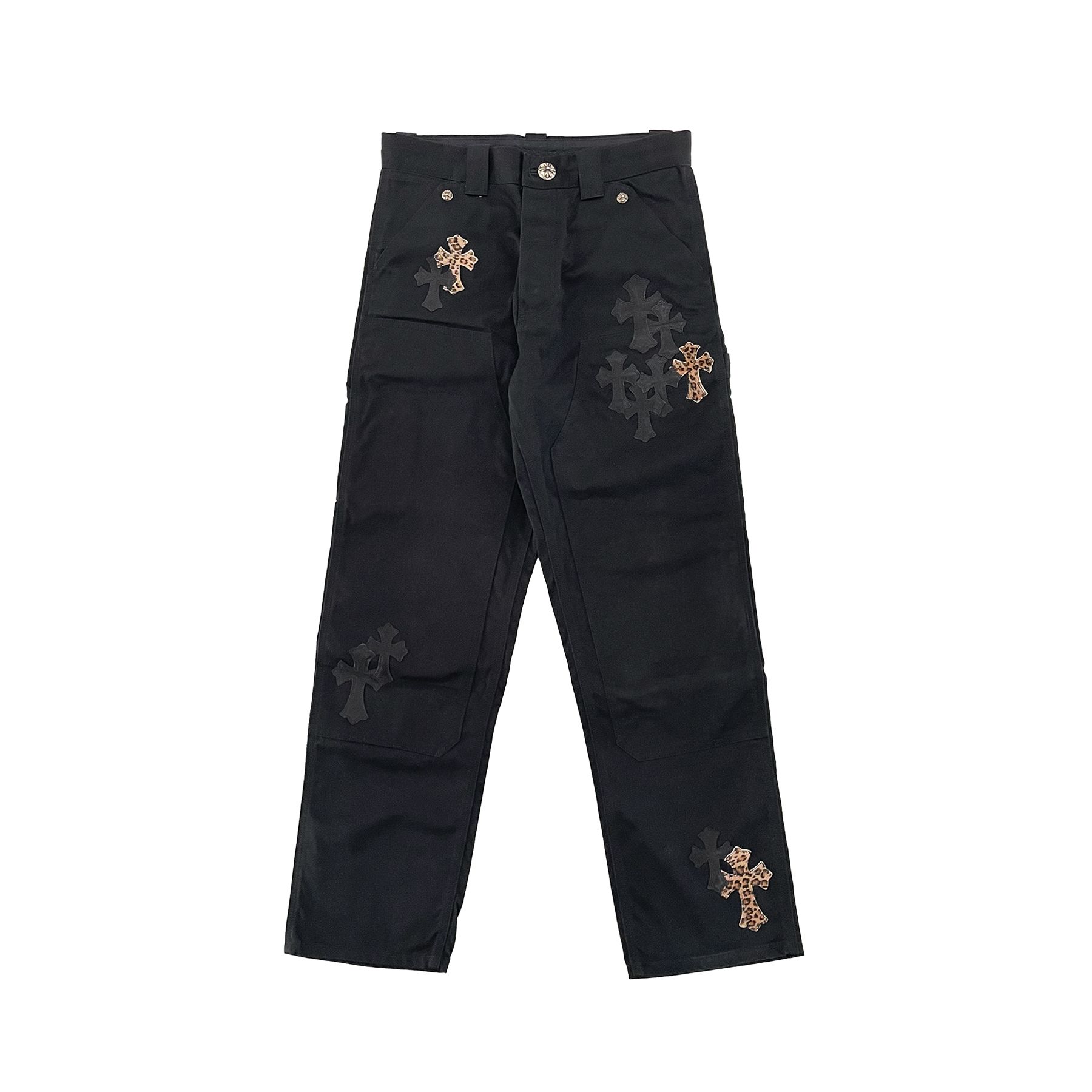Pre-owned Chrome Hearts Leopard Black Leather Cross Carpenter Pants