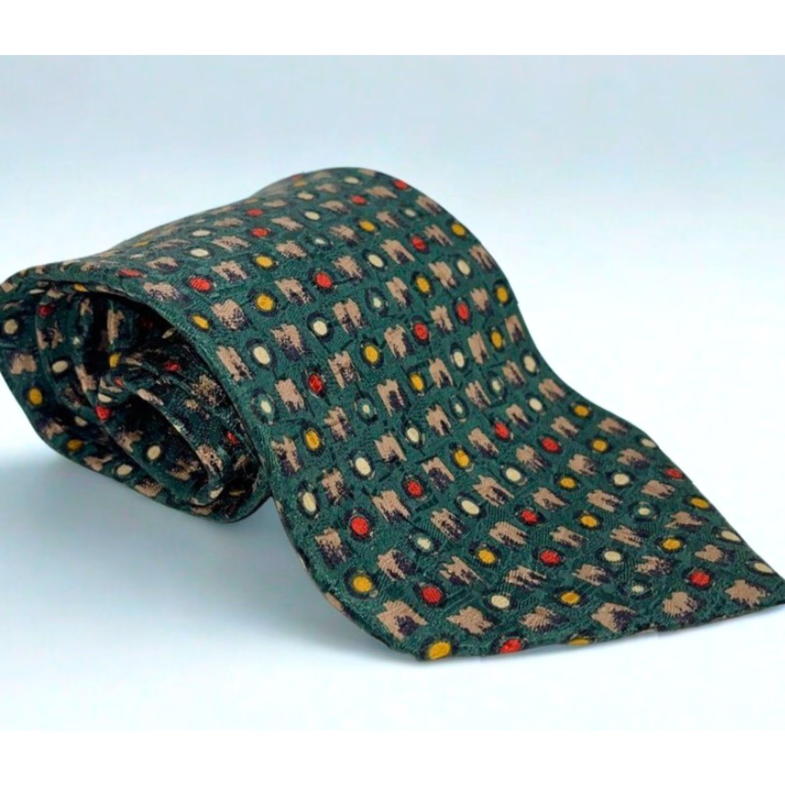 Ermenegildo Zegna VINTAGE Ermenegildo Zegna Soft 100% Silk Tie Abstract Geometric Pattern Italy Men One Size Green Tan Gold Red Ivory Classic Width 57"-60" Size ONE SIZE - 3 Thumbnail